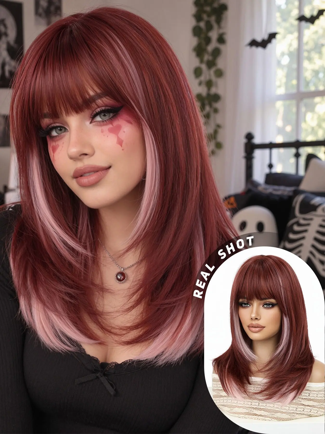 Vampire Queen Style Short Wig, Highlights, Thick Bangs, Quick-Attach Mechanism, Perfect for Halloween Parties, All Seasons Wear, Synthetic Hair Wigs
