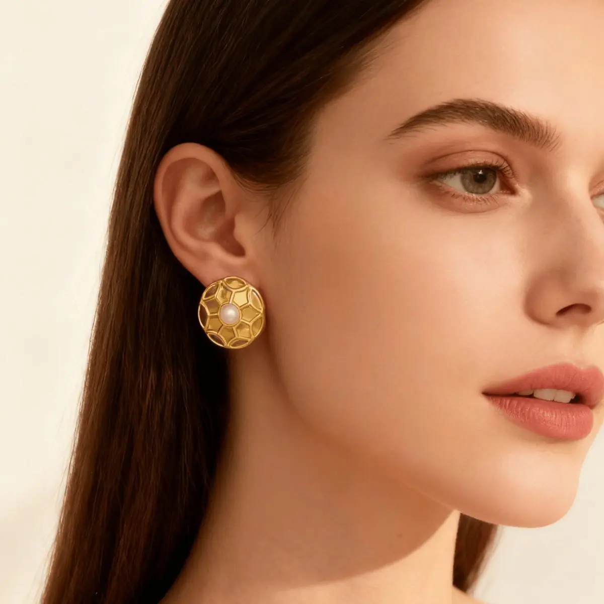 Women's Elegant Gold Pearl Center Earrings - Vintage Baroque Studs, Unique Shape Female Wear Jewelry for Office Daily Use