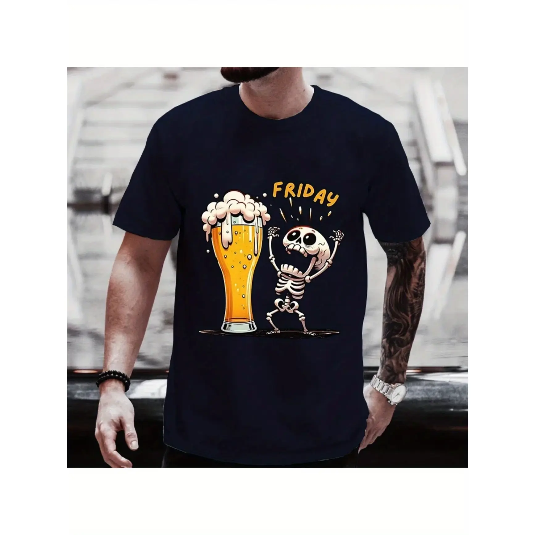 Happy Friday Excited Skeleton Beer Glass Funny Graphic Oversized Cotton Outfit T-Shirt, Weekend Party Drinking Humor Casual Print Comfort Fashion Tee, Perfect Valentine's Day Gift For Him Boyfriend Husband Beer Lovers, Ideal Holiday Present For Party Fans