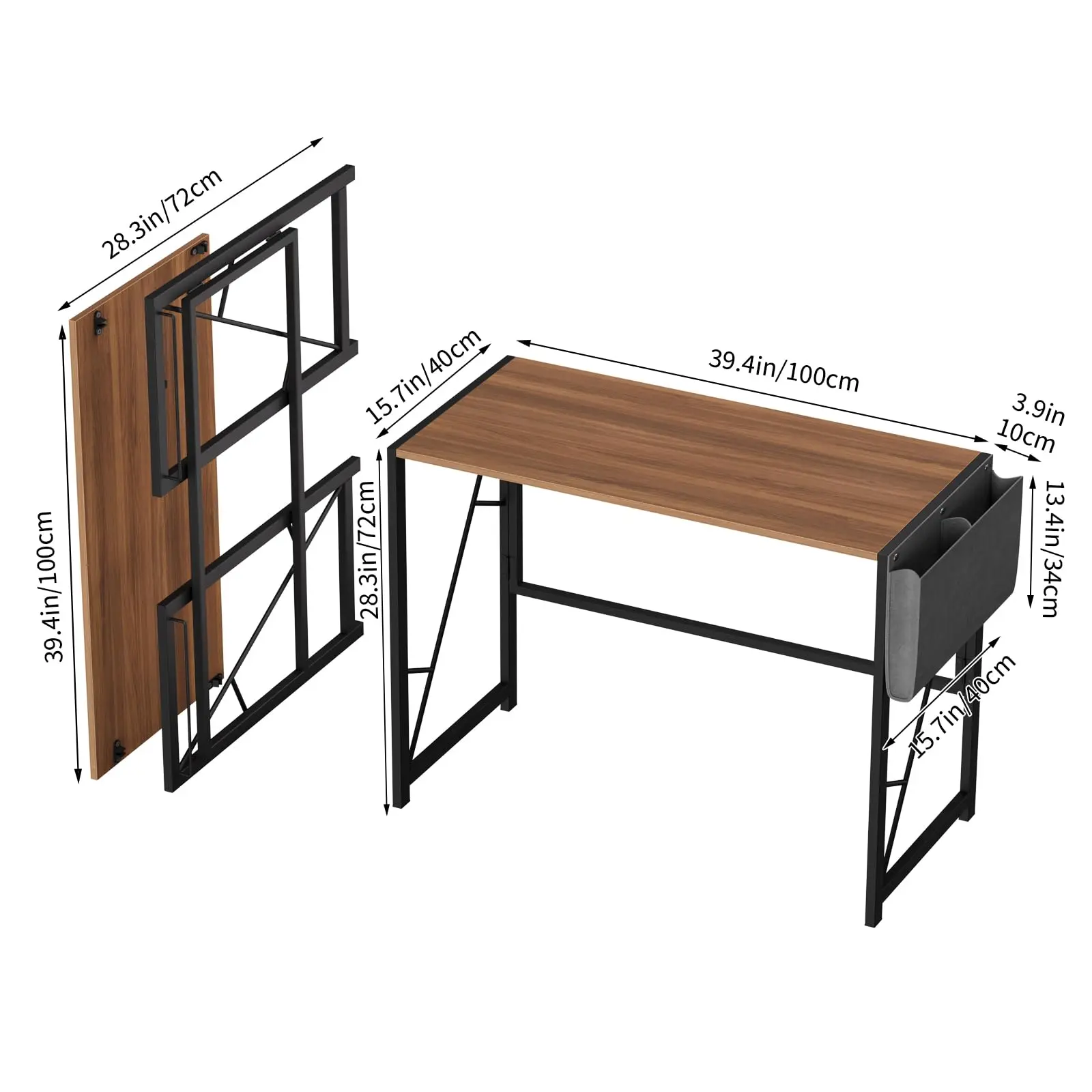 Space‑Saving Folding Computer Desk, Compact Home Office Workstation Equipped with Storage Bag and Hooks, Simple Foldable Design, Writing & Gaming Table for Bedrooms and Apartments, Vintage Finish