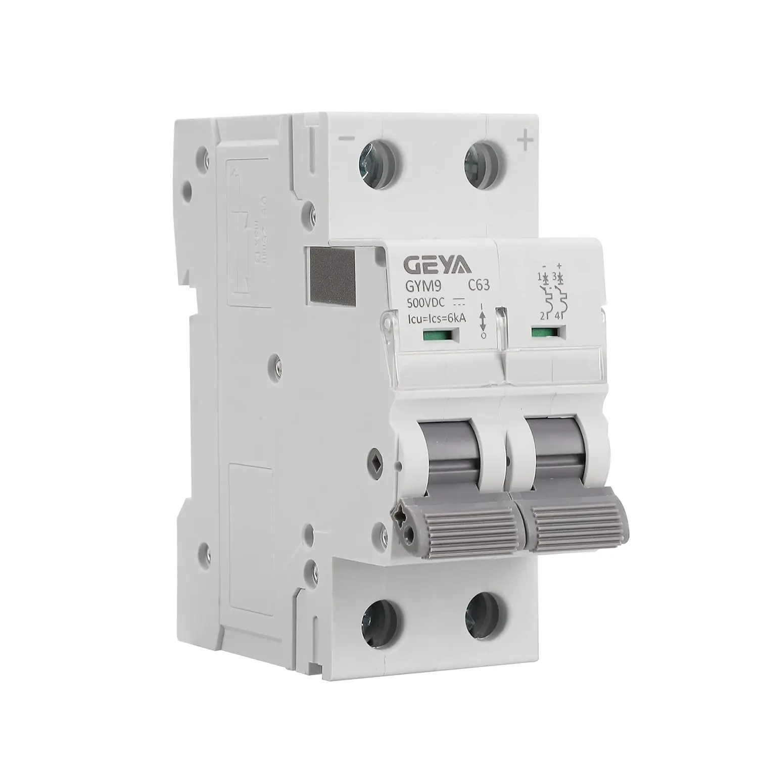 GEYA 2-Pole 63A 500V MCB, DIN Rail Mount Miniature Circuit Breaker with 6kA Breaking Capacity, Solar Panel PV Battery Protection Switch for Electrical Systems