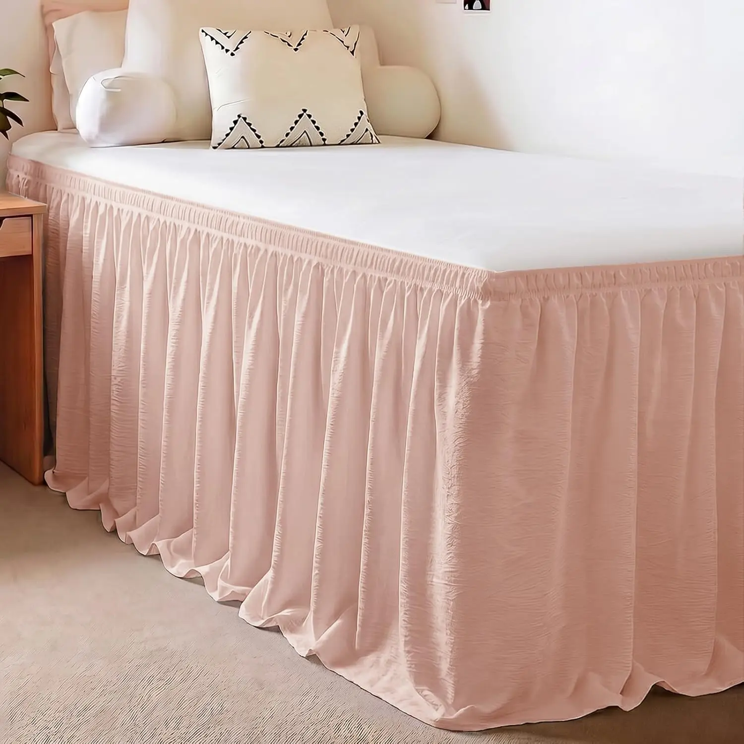 Twin XL Bed Skirt - 32 Inch Drop, Textured Crinkle-Look, Wrinkle-Free Wrap Around Elastic Dust Ruffle, Blush Pink Machine Washable, Dorm Bedroom Decor