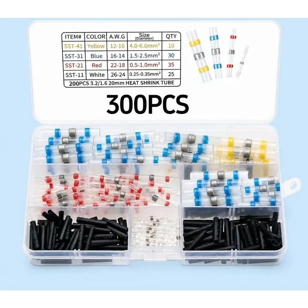 300PCS Haisstronica Plastic Solder Seal Wire Connectors - Quick Splice Connectors, Waterproof Cable Entry Seals, Vibration-Resistant Heat-Shrink Tube Butt Terminals with Self-Solder Adhesives, Abrasion Resistance, CE Compliant for Marine, Automotive Use