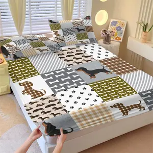 3-Piece Plaid Sausage Dog & Paw Print Fitted Sheet Set,1 Fitted Sheet+2 Pillowcases,Soft Cozy Material,All Season HD Printing,Deep Pocket Non Slip Design,Rustic Country Style Bedding for Teen Bedroom