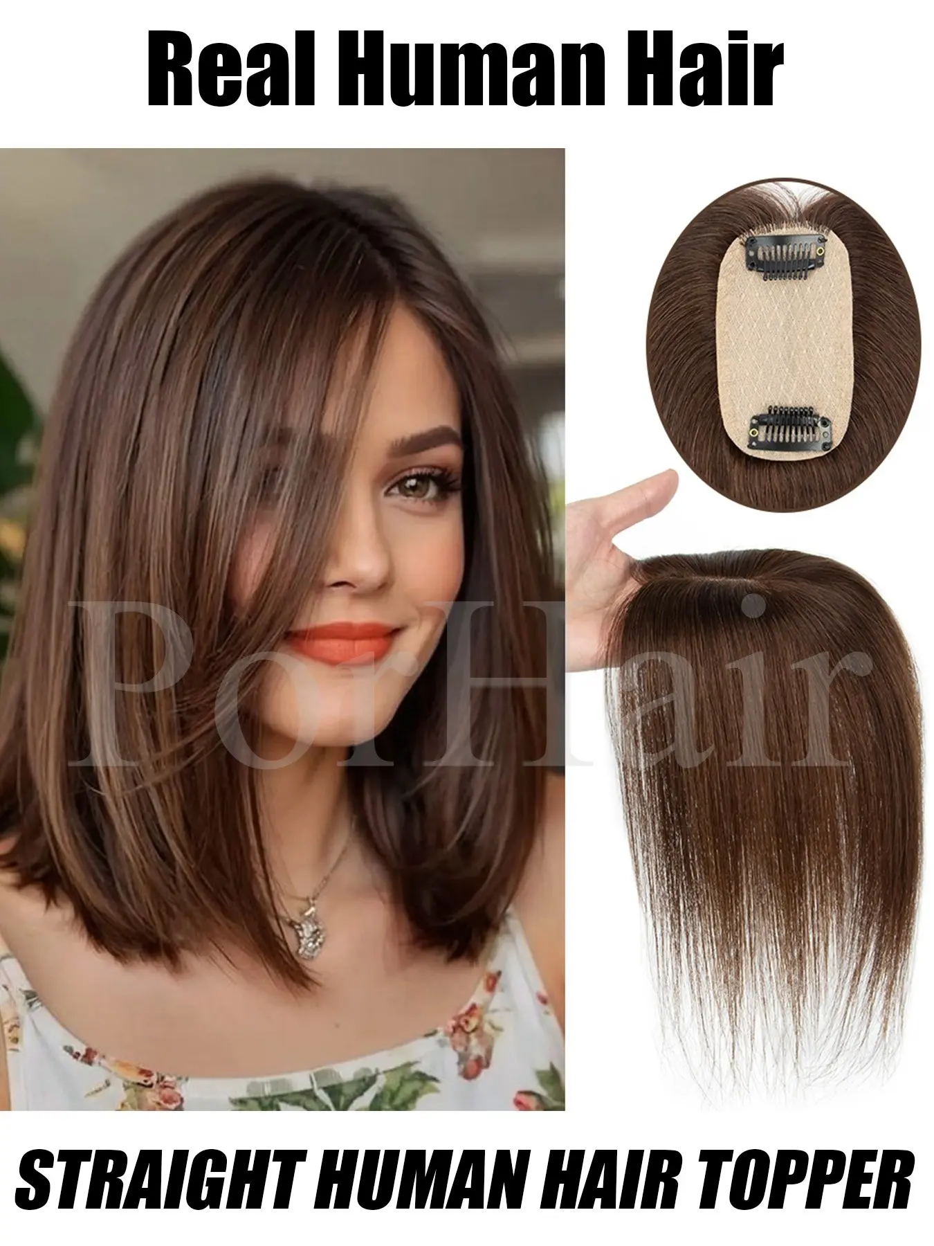 Natural Brown Human Hair Toppers for Thinning Hair 3D Cover Toppers for Women 5cmx9cm Black Blonde Brown Gray Human Hair Pieces for Women with Thinning Hair Straight Clip in Bangs with Toppers Human Hair Hairpieces