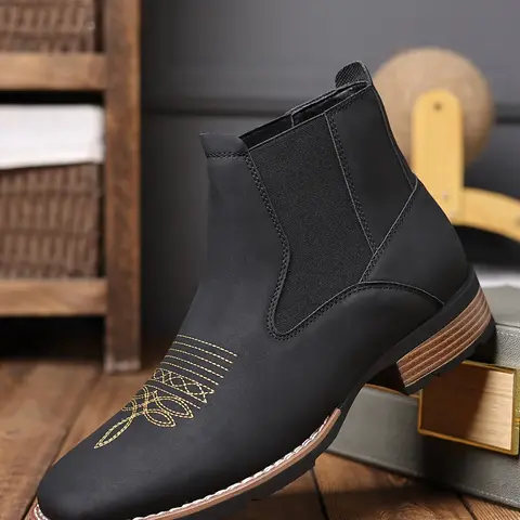 Men's Business Embroidering Design Ankle Boots, Fashionable Round Toe Chelsea Boots for Daily Wear, Male All-match Shoes for Daily Wear, Closed Daily Commute Boots #GLOBAL PICKS