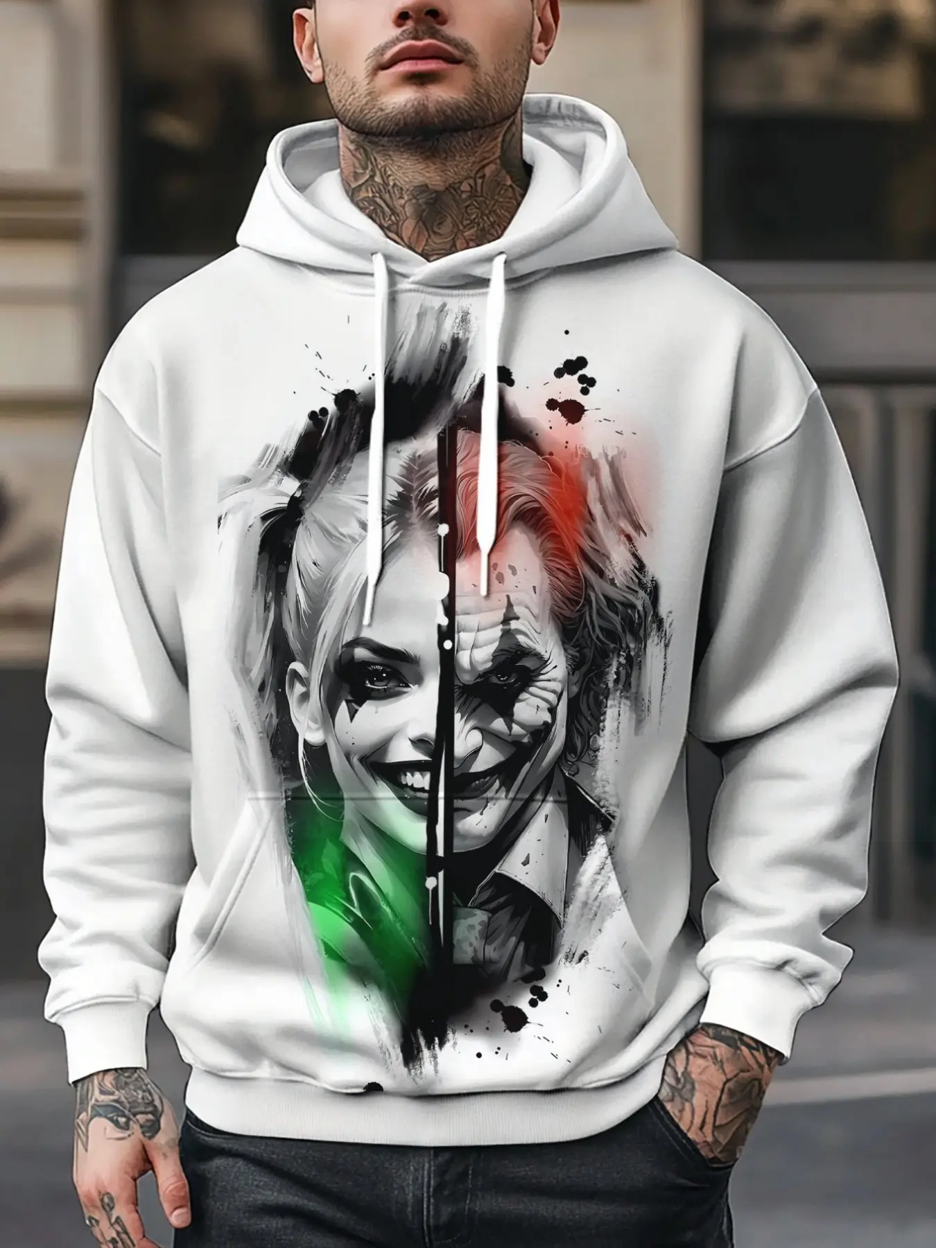 Men's Hooded Sweatshirt, Warner Collaboration, Joker Harley Quinn Print, Casual Fitted Sweatshirt, Fall & Winter Fashion
