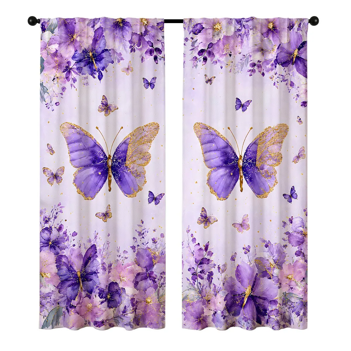 Lavender Watercolor Gilded Butterfly Floral Rod Pocket Curtain Pair, Smooth Crease-Hold Polyester Drapes, Soft Purple Botanical Window Accent, Home Decoration Curtain, For All Household Interior Zones, Window Curtain Panels