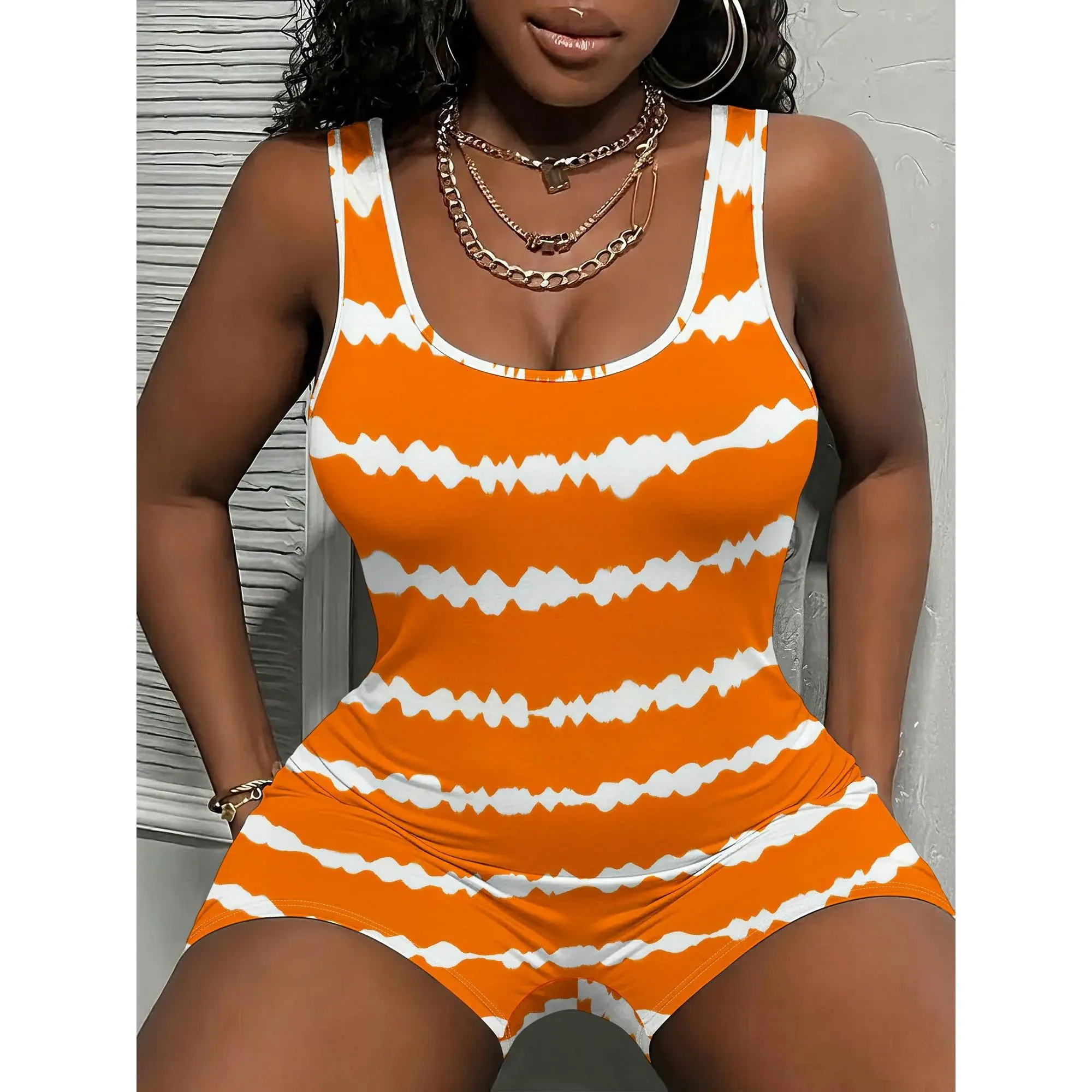 Orange Wave Print Sleeveless Bodysuit, Ribbed Tank Top, Bodycon Jumpsuit, Summer Party Clubwear, S-2XL