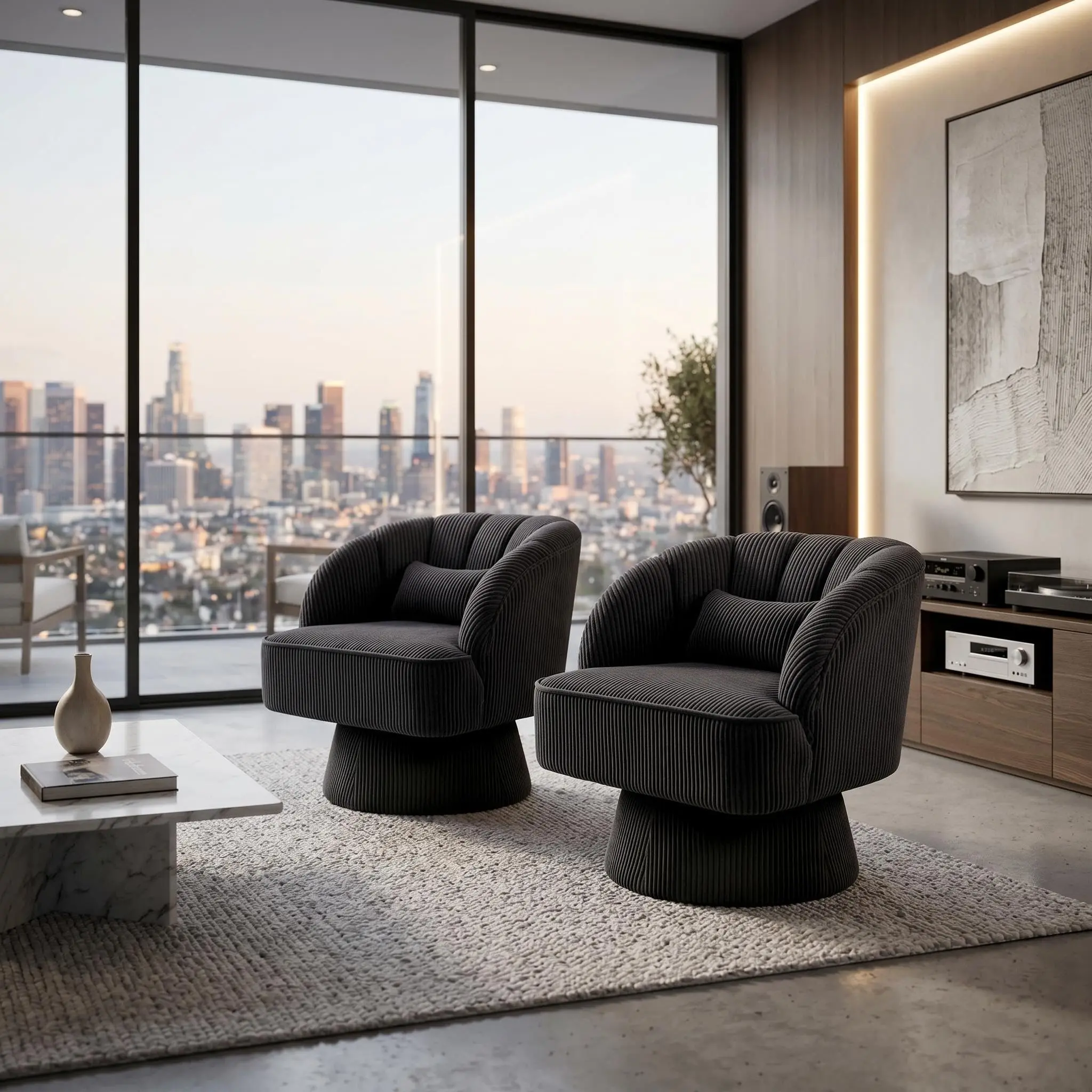 2 Pack 360° Swivel Barrel Accent Chair, Corduroy Lounge Chair with Cloud-Like Padding, Round Armchair for Living Room, Bedroom