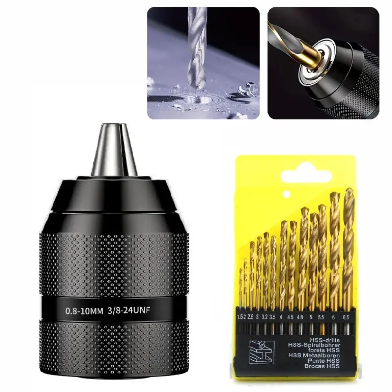 Professional 3/8-24UNF Keyless Drill Chuck, 0.8-10mm (3/8") Heavy Duty Drill Chuck Adapter for Impact Drills over 1050W, with Premium HSS Twist Drill Bit Set for Metal Wood Drilling
