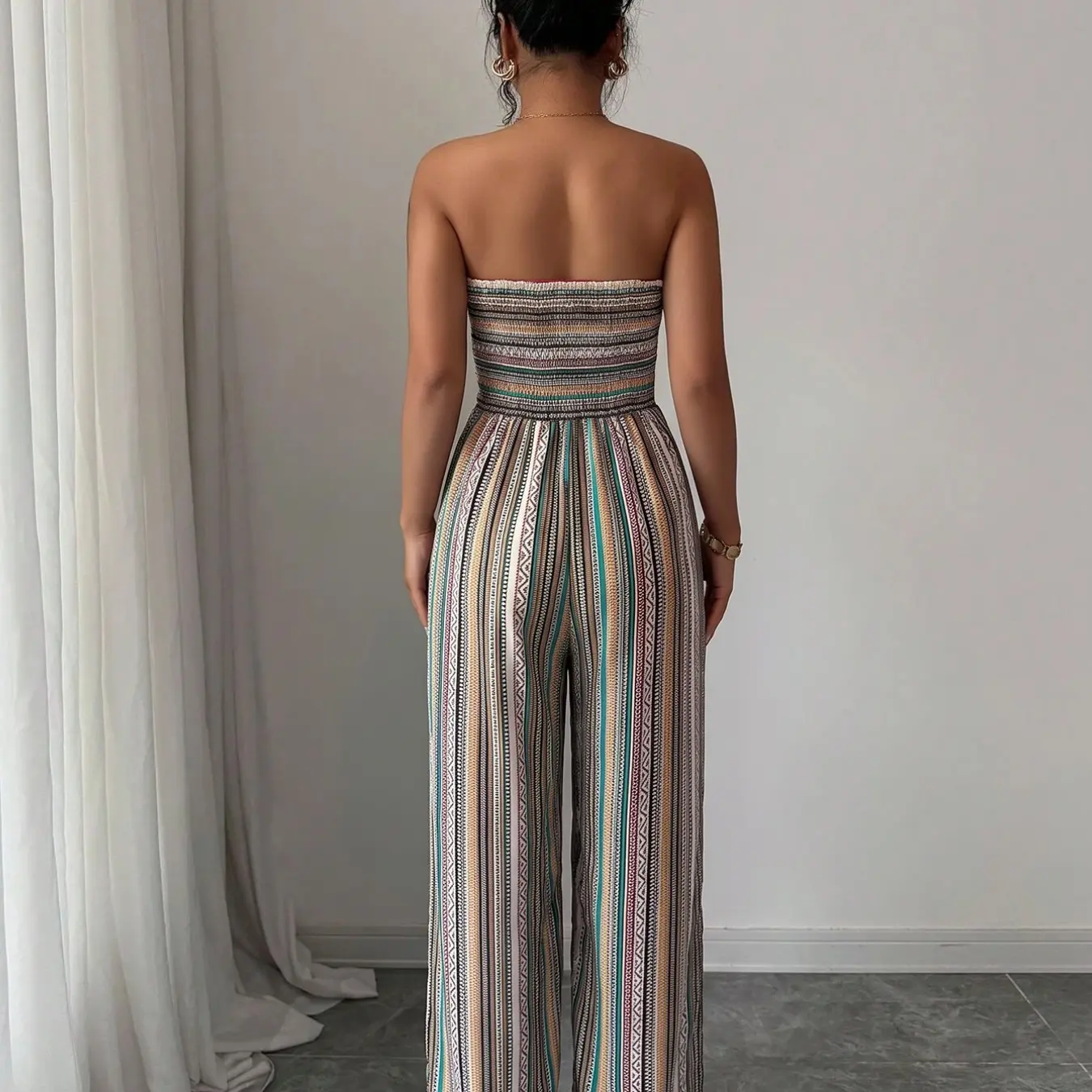 Breathable Flowy Wide Leg Geometric Printed Jumpsuit, Sleeveless Boho Style, Fit, High Waist, Leaf Print, Split Thigh Slit, Perfect for Beach, Work, Date Night Breathable Flowy Wide Leg Geometric Printed Jumpsuit, Sleeveless Boho Style, Fit, High Waist, Leaf Print, Split Thigh Slit, Perfect for Beach, Work, Date Night