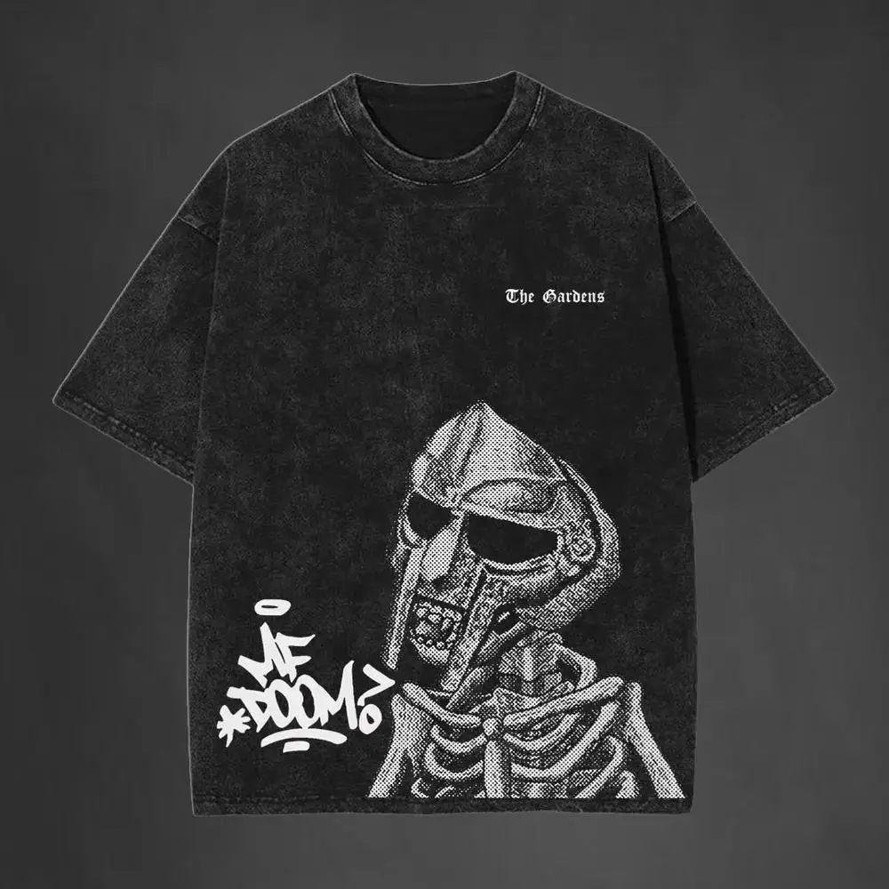 MF Doom Retro Washed Graphic T Shirt 90s Hip Hop Crew Neck Casual Streetwear Shortsleeve Top Vintage Rapper Merch Music Fan Apparel Gift For Men Black Menswear Tee