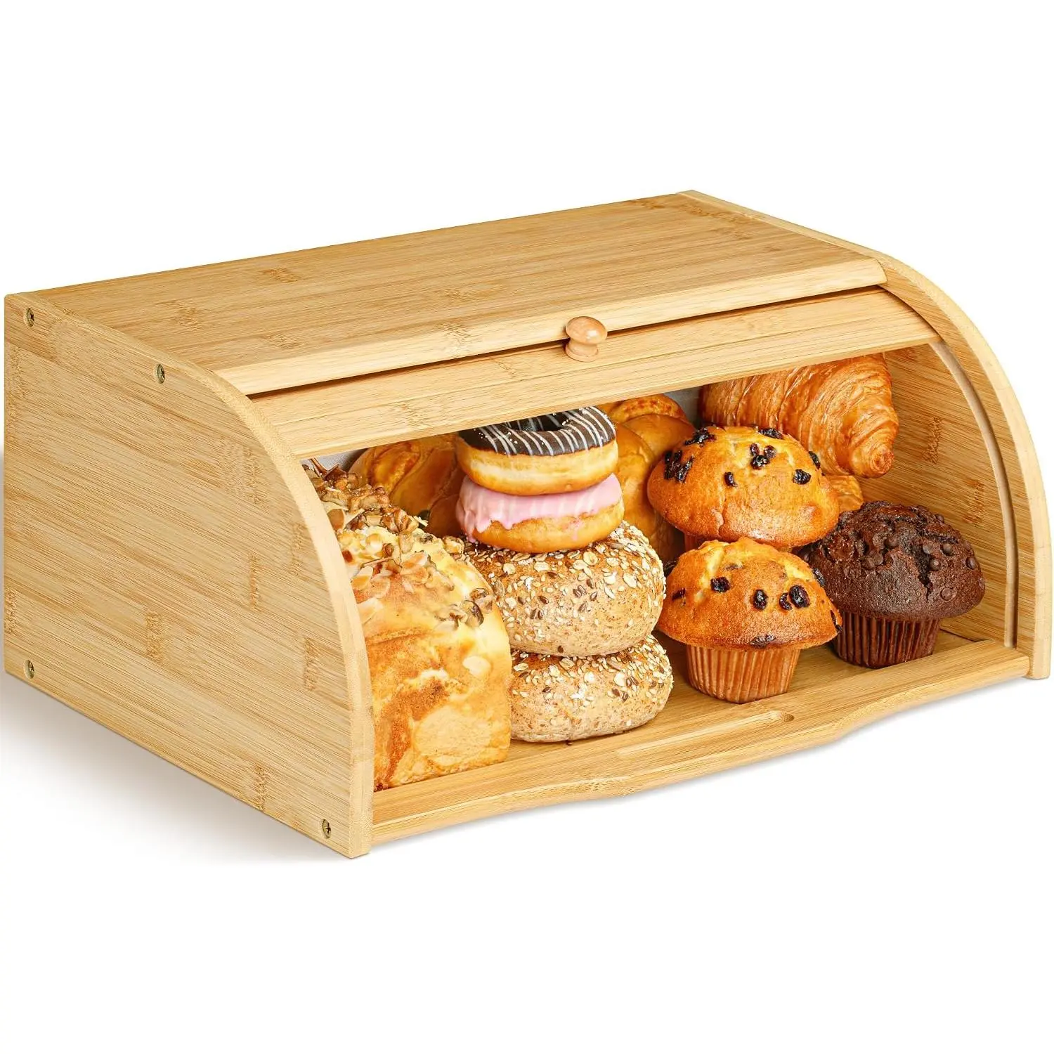 Bread Box for Kitchen Countertop, Large Wooden  Keeper W/Rolling Lid,  Storage Bin for Bagels, Muffins, Cupcakes & Cookies |  bread storage box with rolling lid,   keeper for muffins, bagels, cookies, and cookies