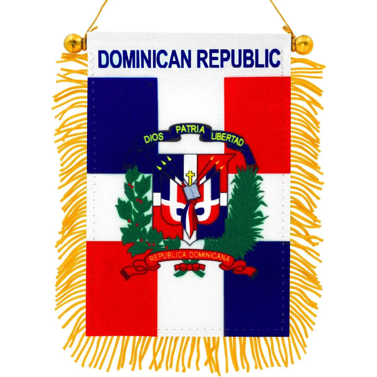 4 X 6 Inch Dominican Republic Fringy Window Hanging Flag - Mini Flag Banner & Car Rearview Mirror Décor - Fringed & Double Sided - Dominican Hanging Flag with Suction Cup