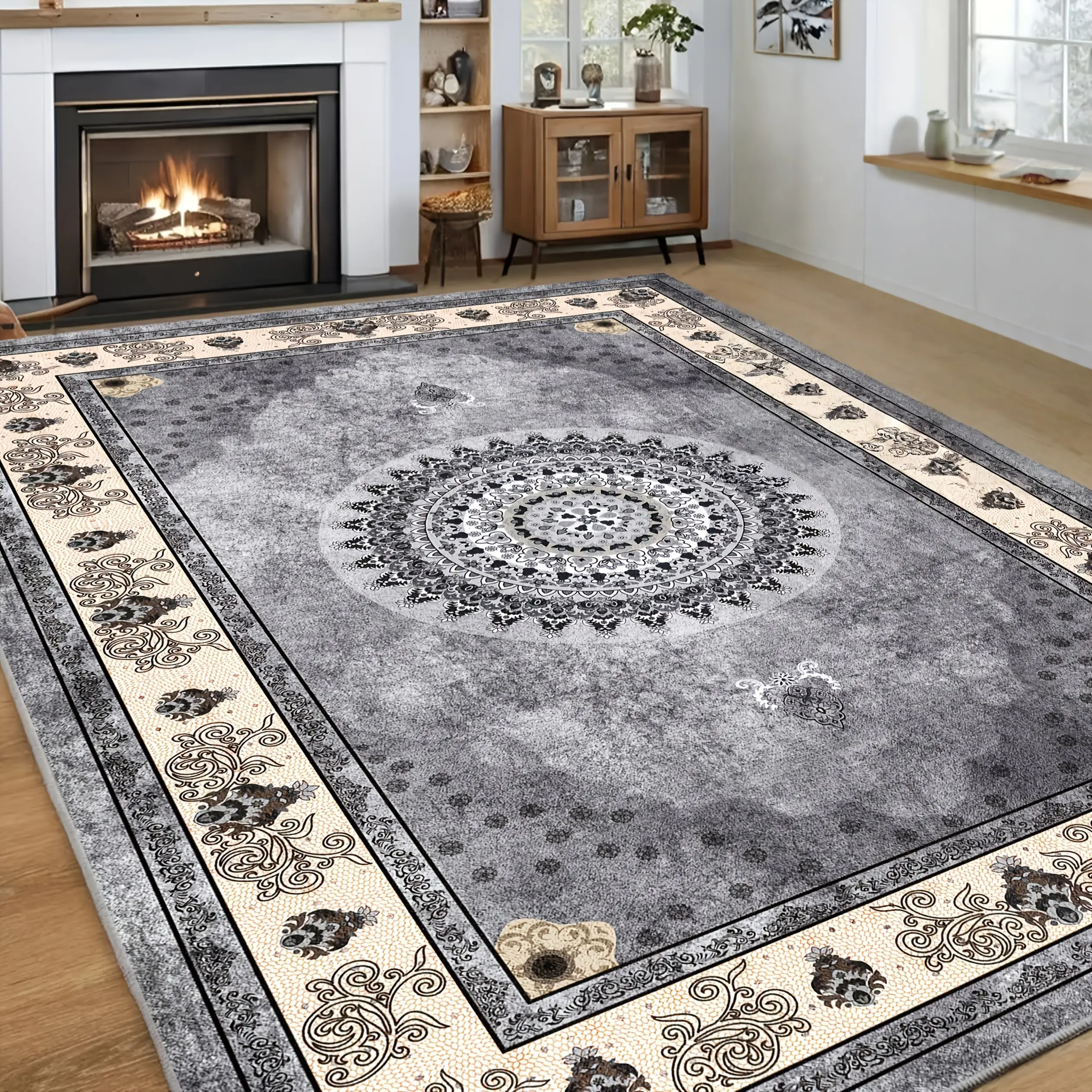 1 piece of luxurious velvet rug - Bohemian vintage Persian floral pattern with paisley border, non-slip and machine washable, 100% polyester fiber, large size suitable for high-traffic areas in the living room and bedroom, bedroom aesthetic decoration, vi