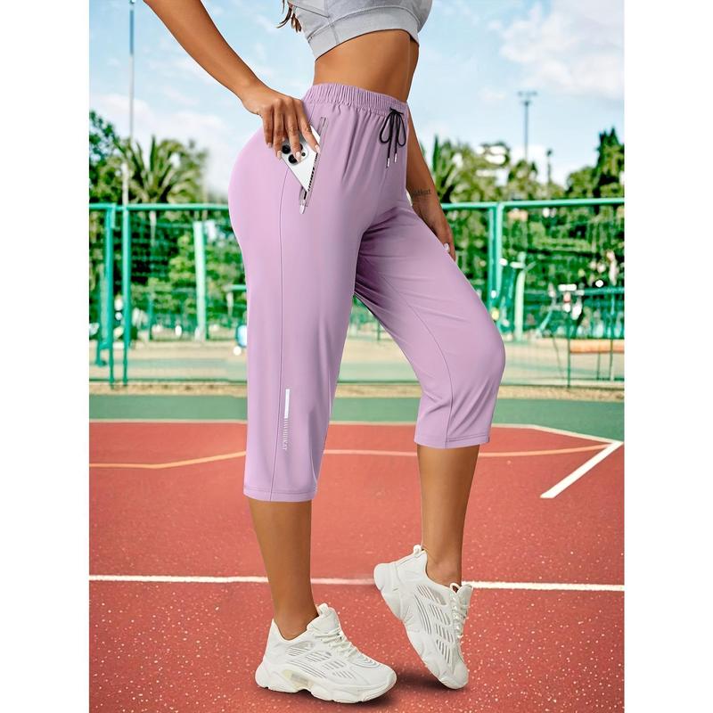 Women's Summer Ice Silk 3/4 Capri Pants, Athleisure Style with Ultra-Breathable Cooling Fabric, Adjustable Drawstring Waist, Secure Zipper Pockets & Lightweight Design, Perfect for Daily Casual Wear, Outdoor Activities, Jogging, Vacation and All-Day