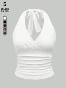 2026 Summer Halter Tie Back Deep V Neck Crop Cami Top, Ruched Slim Waist Stretch Fitted Tank, Sexy Sleeveless Layering Top for Beach
