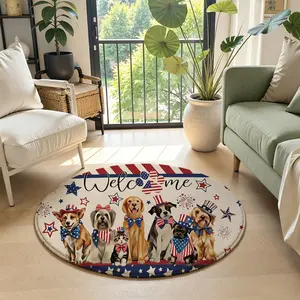 Round Welcome Doormat with Patriotic Dogs & Cat, American Flag Red White Blue Pet Rug, 4th of July Independence Day Non-Slip Circular Entryway Floor Mat for Home Front Door Decor