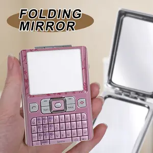 1Pc 1X 2X Magnifying Portable Folding Compact Mirror, Y2K Pink Retro Keyboard Phone Pattern Pocket Mirror, Compact Travel Makeup Mirror for Purse Travel Daily Use, Y2K Aesthetic Cute Gift for Women Girls