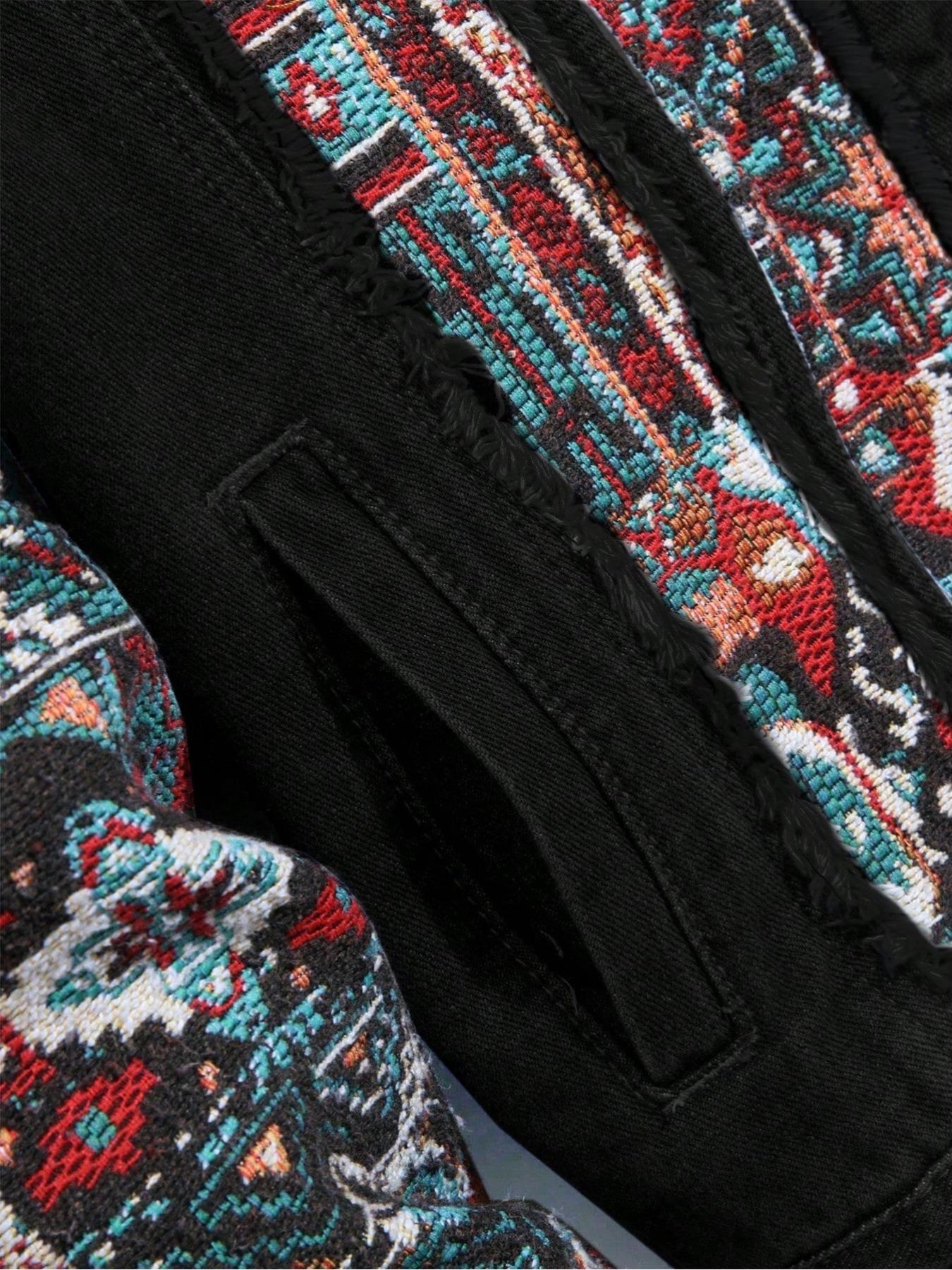 Men's Ethnic Pattern Embroidery Denim Jacket, Loose Casual Long Sleeve Button Front Outerwear for Spring & Fall, Fashion Men's Clothes for Daily Wear