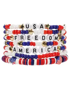 7PC/Set NEW IN Bohemia AMERICA FREEDOM Letter Bead Wrap Bracelet Set USA Flag Charm Stacked Jewelry Gift for Independence Day