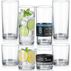 Plastic Drinking Glasses (Set of 8) – Mixed 16oz & 12oz Acrylic Shatterproof Cups for Home, Kitchen & Outdoors – Crystal Clear Glass Look – BPA & Lead-Free – Top-Rack Dishwasher Safe