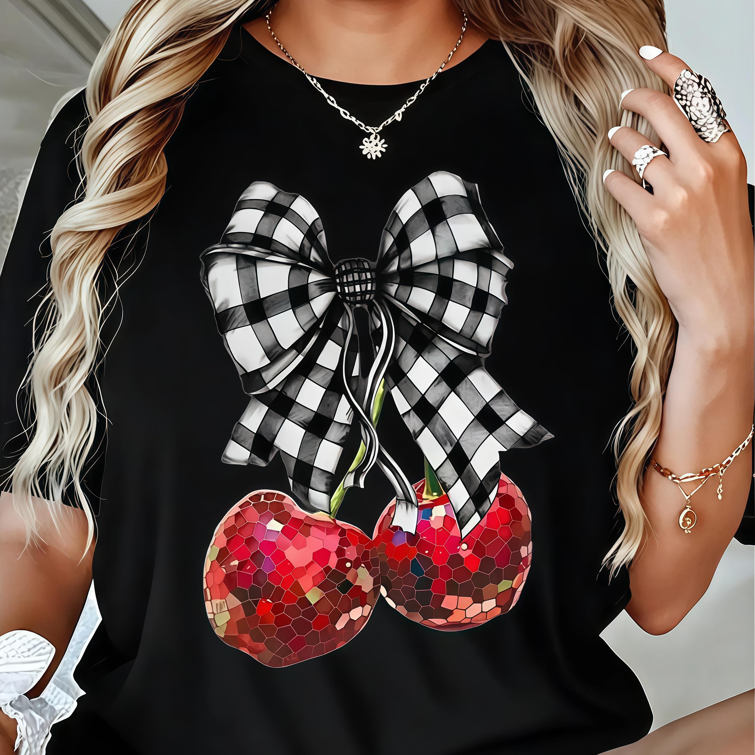 Women's Cherry Bow Checkered T-Shirt Short Sleeve Crew Neck Sweet Summer Holiday Gift Top Womenswear Casual Cute