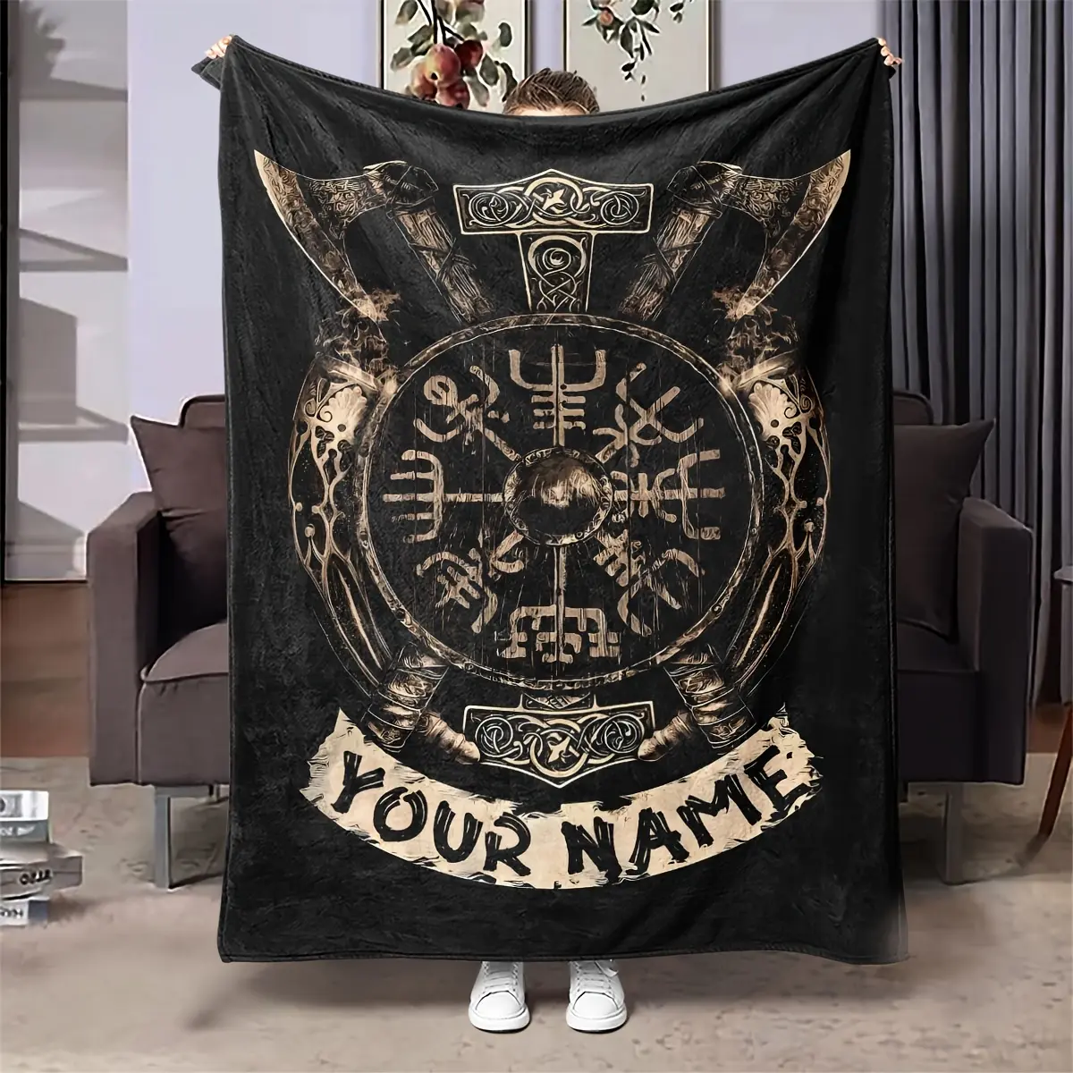Customized Viking Totem Print Flannel Blanket - Warm, Cozy Throw for Home, Ideal Room & Whimsical House Decor Gift, Multi-Season Use