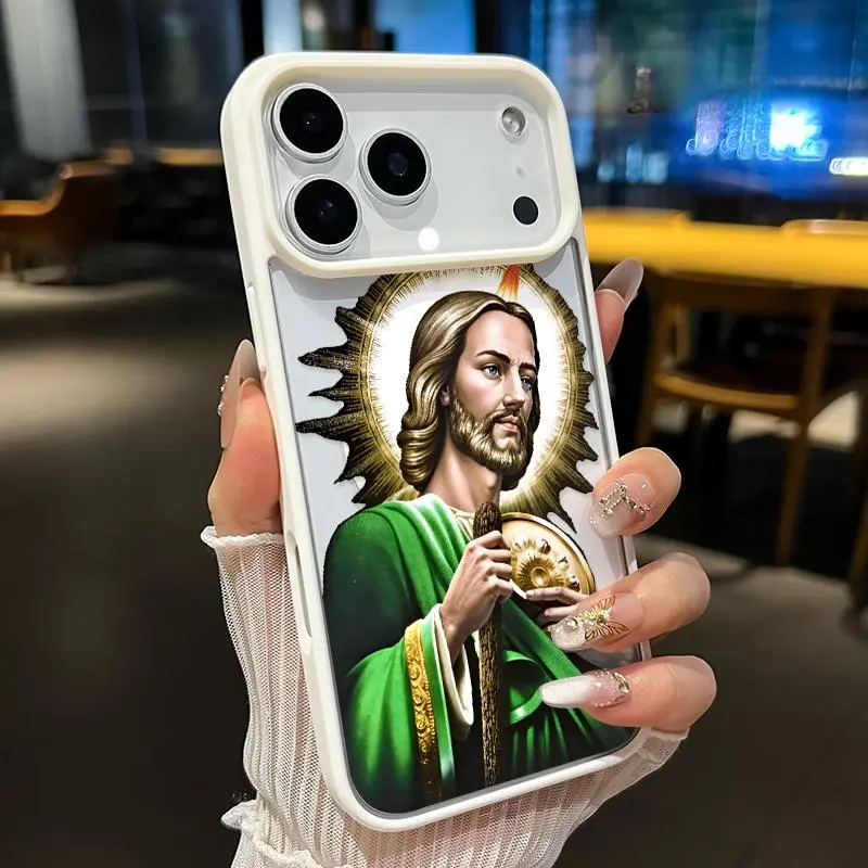 Magnetic Soft Case for Samsung Galaxy iPhone 17 16  Pro Max Plus 15 14 13 12 11 Air E Divine Green Saint Pattern Anti-Yellowing Shockproof ultra-thin Silicone Crystal Transparent Acrylic Cover Supports Wireless Charging