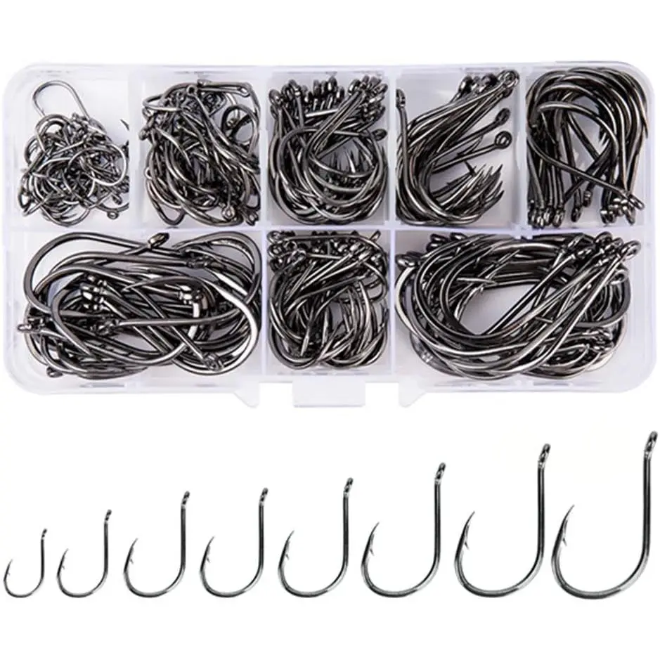 240 count/box Large Size  Fishhooks, 8 Sizes  Custom Offset  Black High Carbon Steel Barbs Fishing Hooks