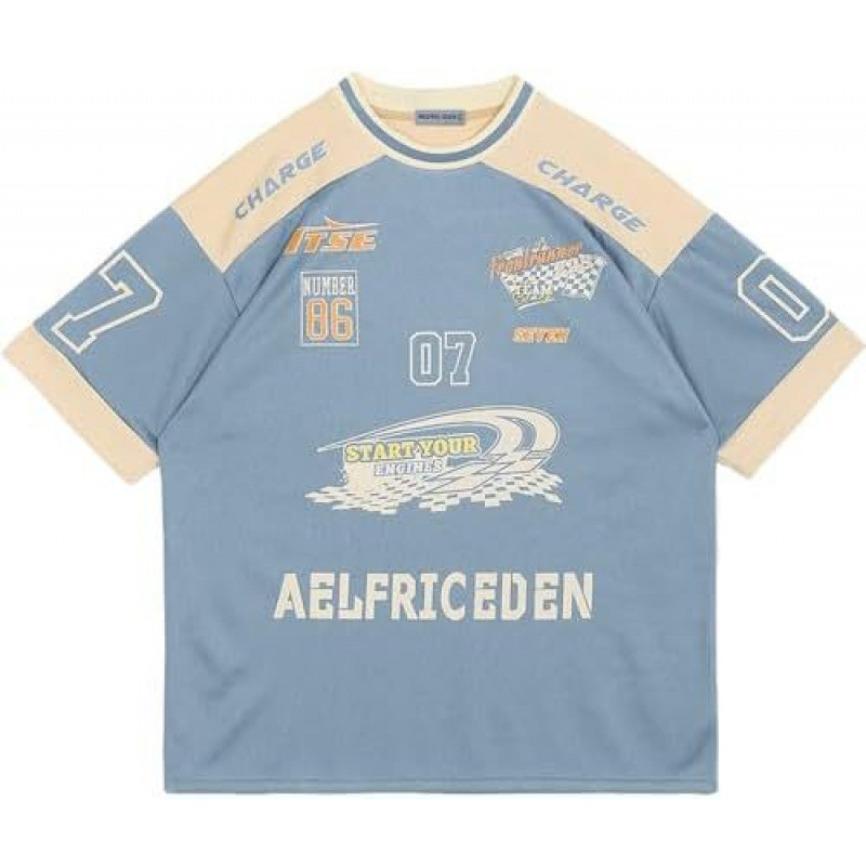 Aelfric Eden Contrast Color Racing Tee Knitted Fabric Streetwear For Men Y2k Vintage Motorsport Jersey Oversized Casual Top For Daily Wear Party Street Skateboarding Hip Hop For Young Adults Teens Street Style Lovers