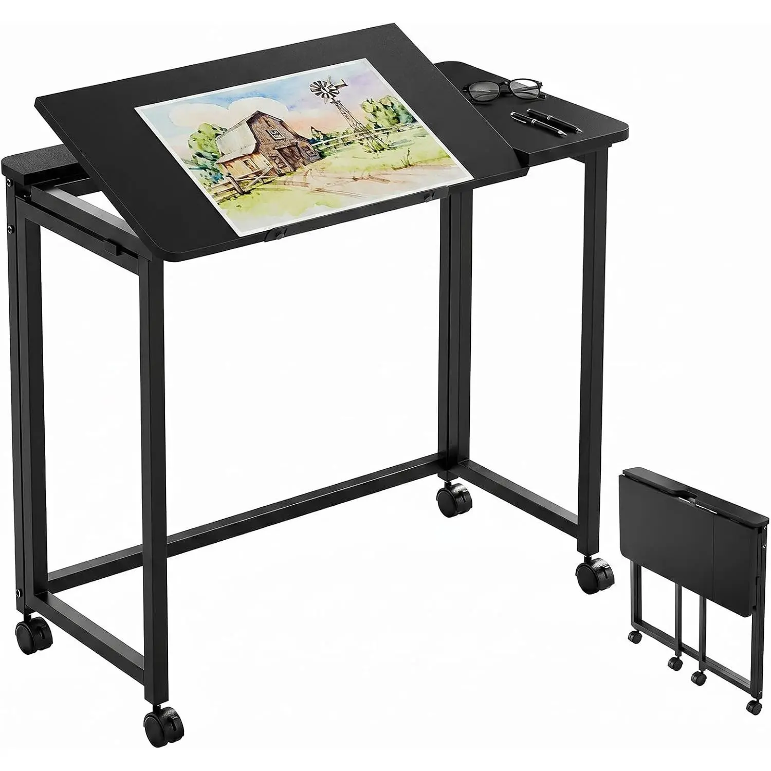 Portable Folding Desk with Wheels, 31.5 inch Adjustable Tilt | Drafting Table Workstation for Small Spaces, Home Office, Drawing & Craft Projects，Black