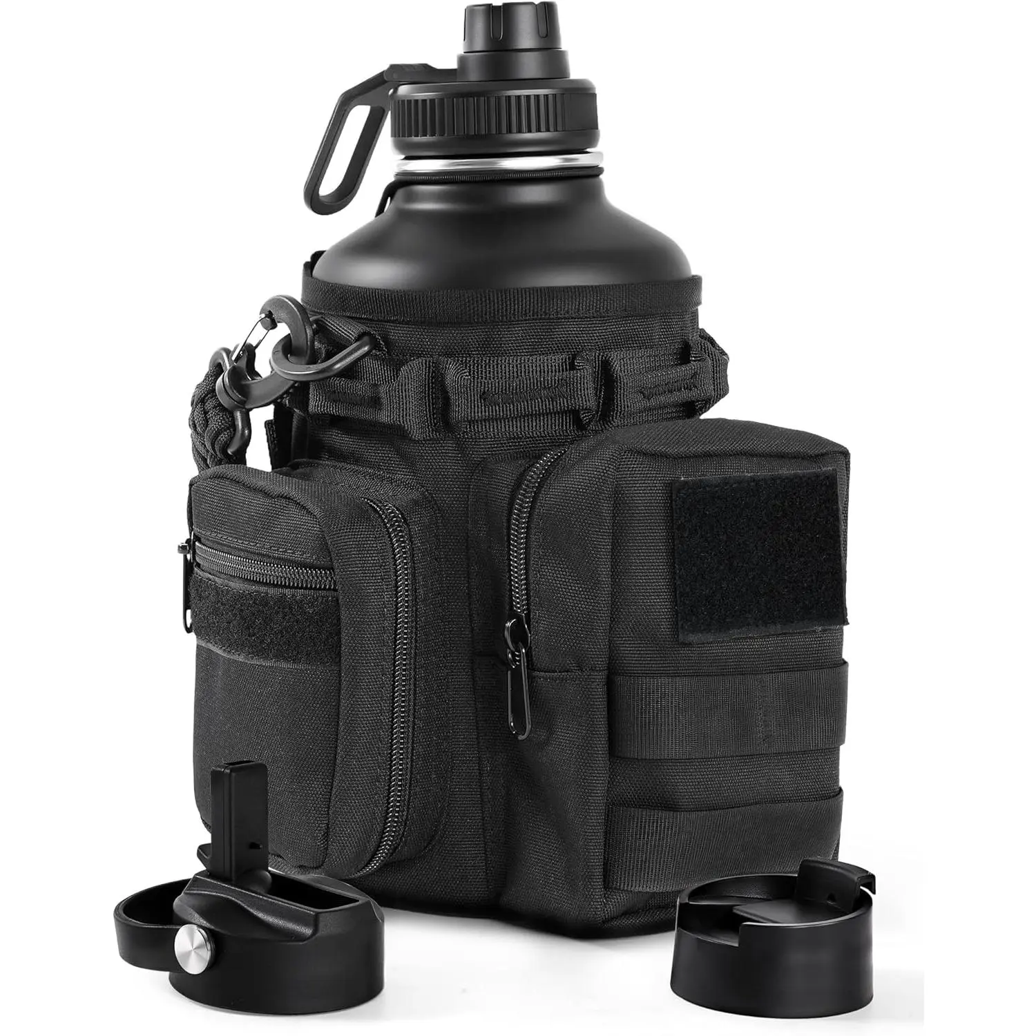 Tactical Half Gallon Water Bottle with Straw, 64 Oz Insulated Water Jug with Molle Water Bottle Holder, Stainless Steel Sport Bottle with 3 BPA Free Lids for Gym Workout Hiking (64oz-Black)