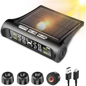 Tire Pressure Monitoring Systems - TPMS Wireless Tire Monitor with Solar Charger 6 Alarm Modes LCD Display Pressure and Temperature Alarm Auto Safety Monitor for RV