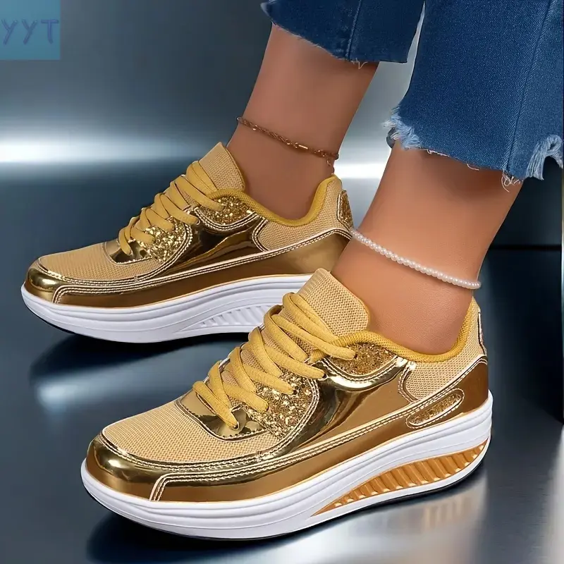 YYT1 [Fashion Sneakers] Women's Fashion Gold and Yellow Casual Sneakers - Lightweight and Comfortable Shoes with Sequins Embellished, Lace-Up Low Shoes, Suitable All Seasons