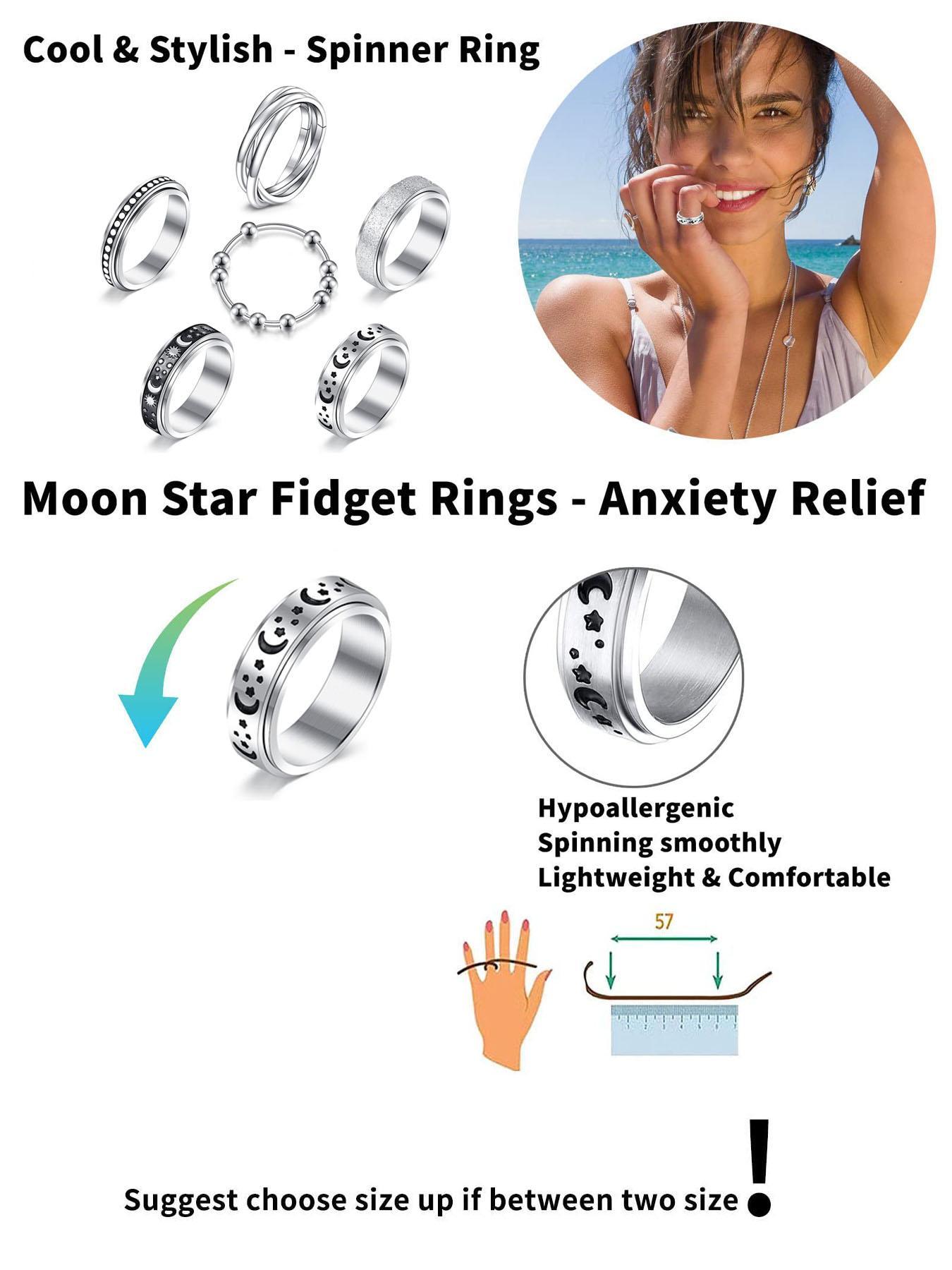 Punk Goth Style Rotating Star & Moon Design Rings, Fidget Spinner Ring, Gifts for Men/Women, Stress Relief Rings, Matching Funky Unique Accessories for Girls Birthday Gift