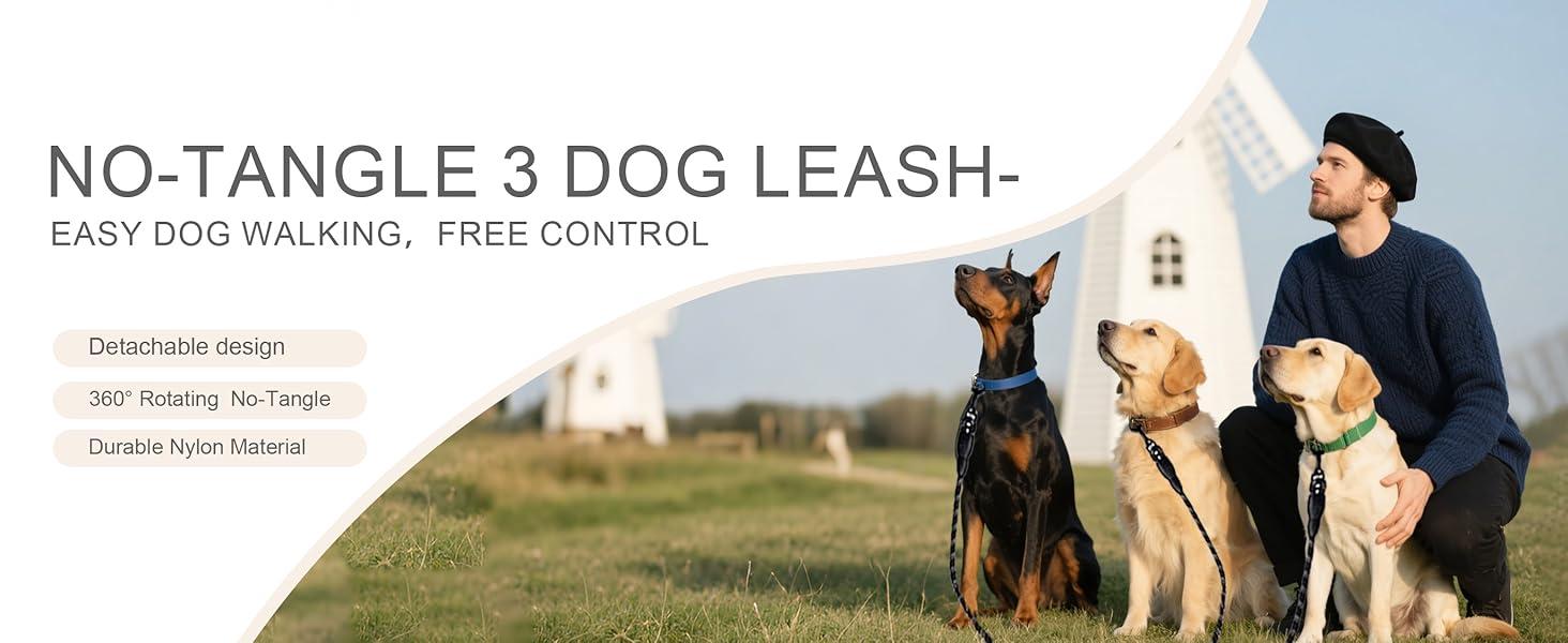 No-Tangle 3-Dog Leash Main Lead Padded Handle 3 Detachable Splitters Heavy-Duty Clip 4.76ft for Dogs Green Dog Accessories