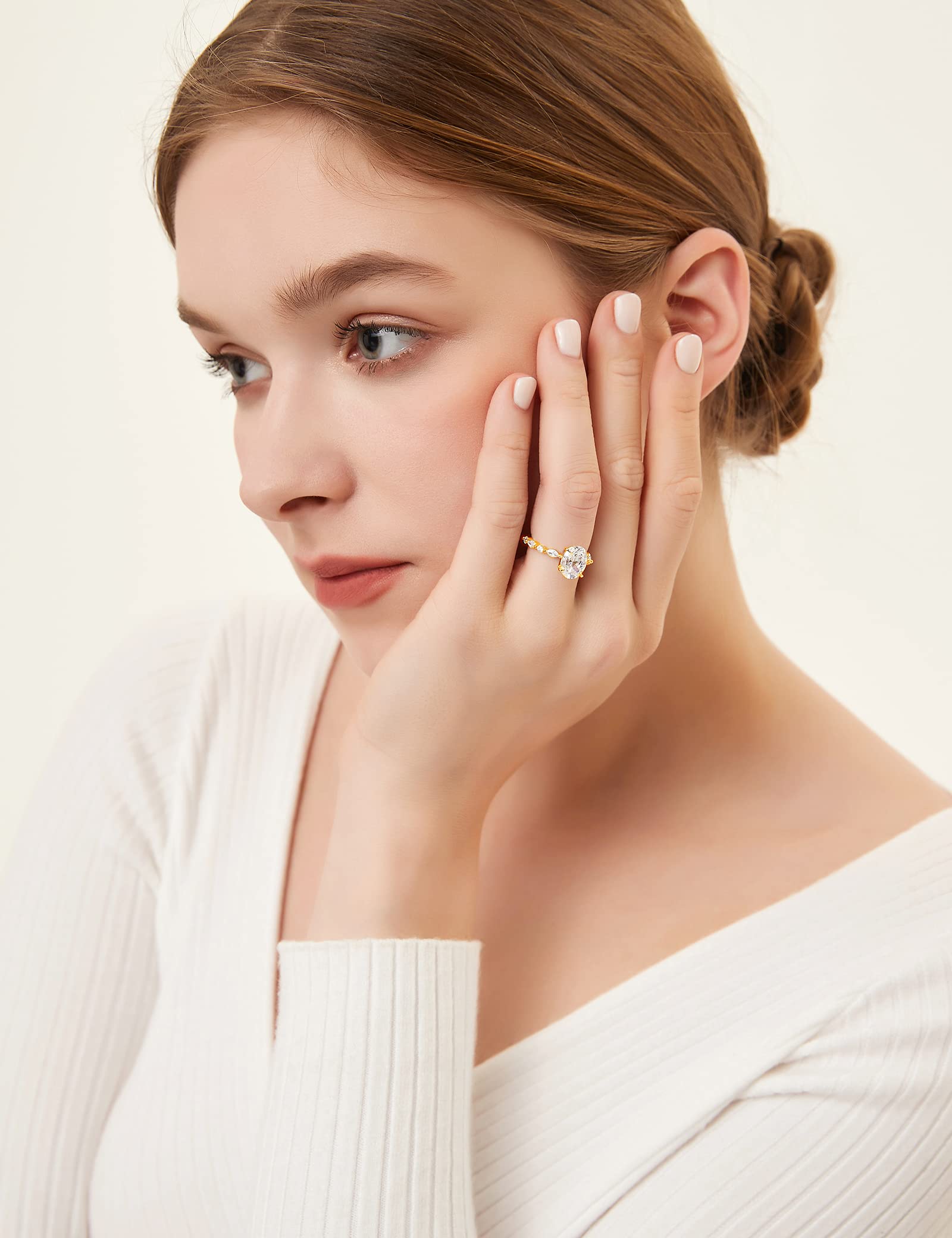 Silver Ring Oval Cut Engagement Solitaire Halo Promise Ring for Women