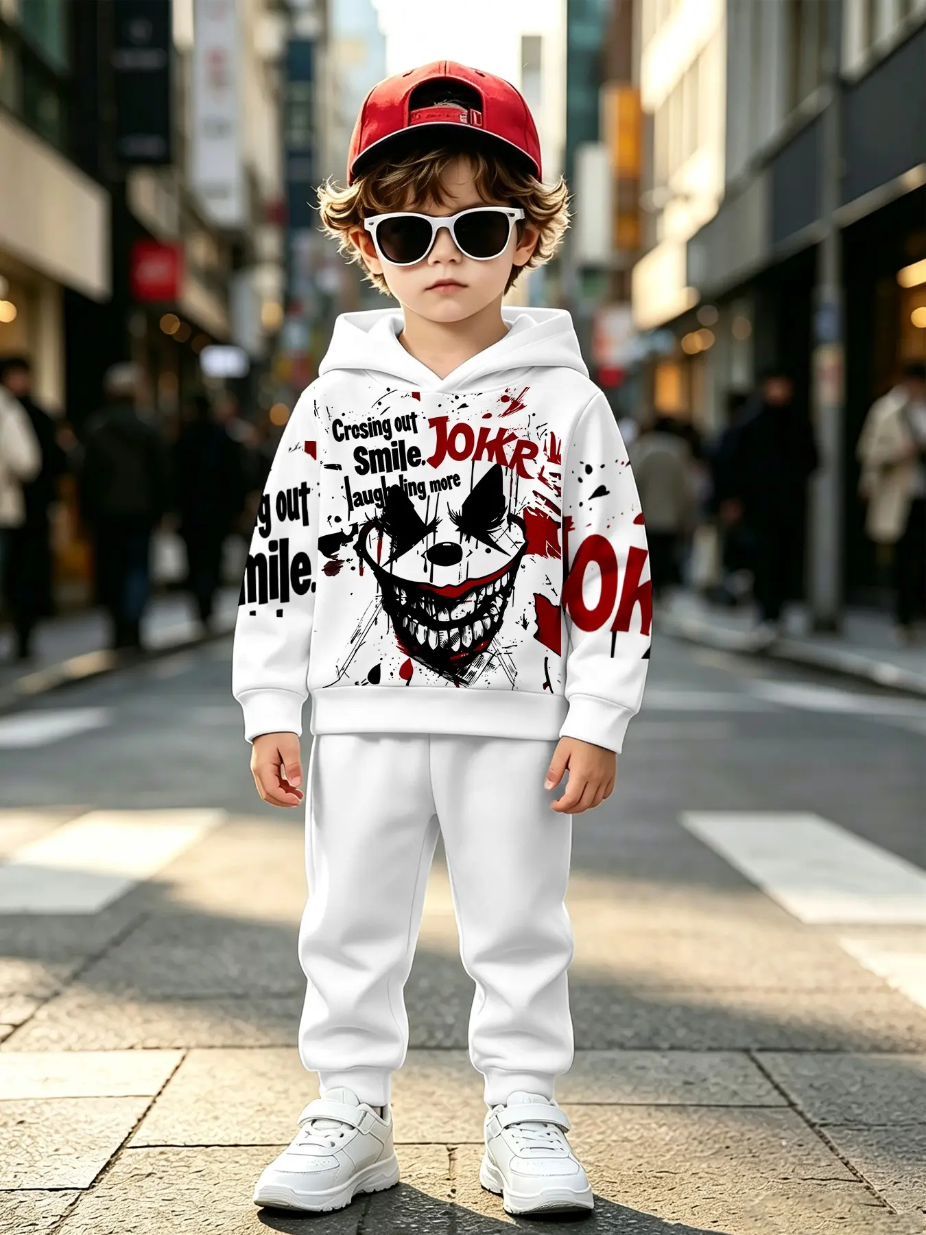 Boys' Hooded Set, Splatter Graffiti Smile Print Top, Pure Cuffed Sweatpants, Casual Fall Winter