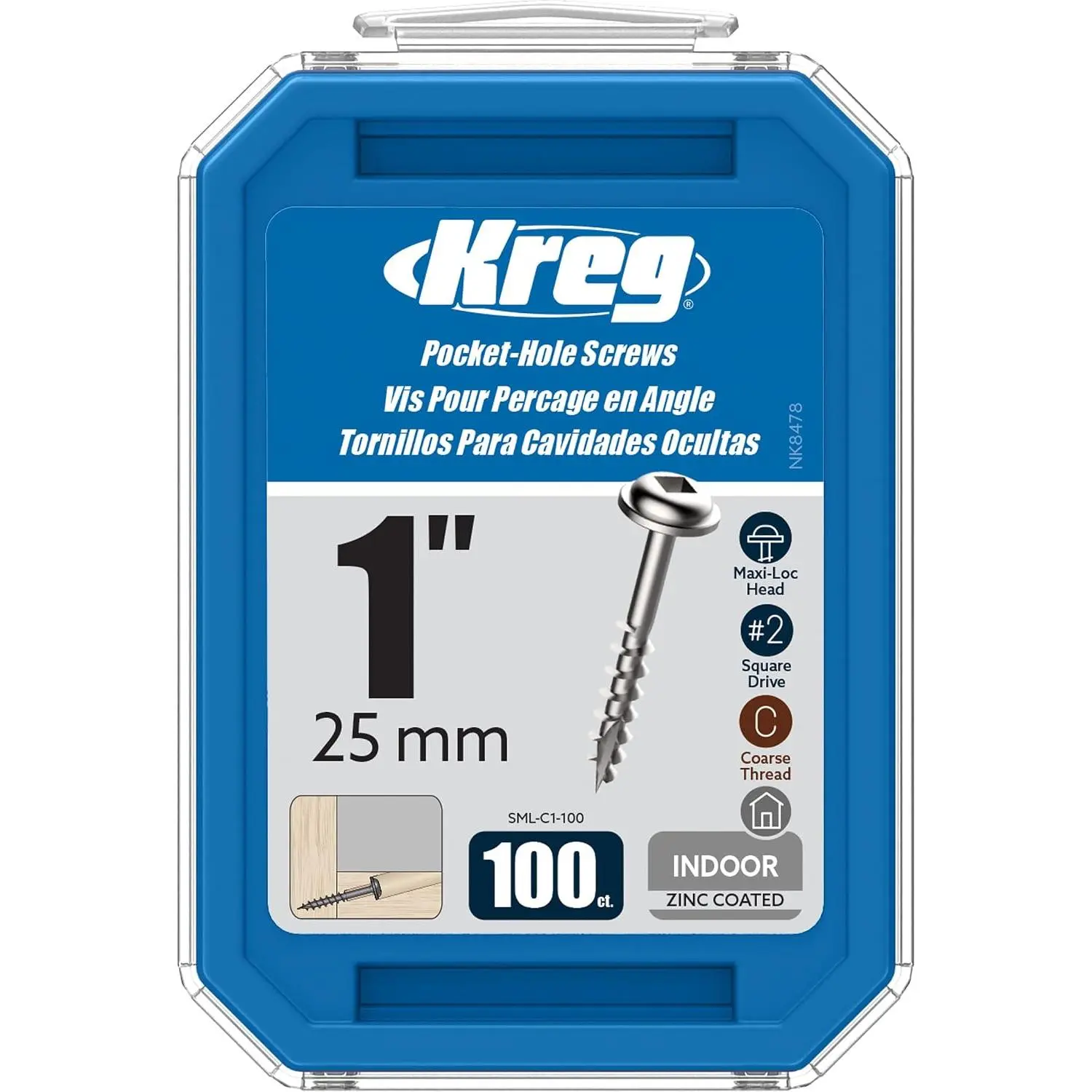 Kreg Zinc Pocket-Hole Screws - SML-C1-100 - 1 Inch - Coarse Thread - Maxi-Loc  - Indoor - 100 Count