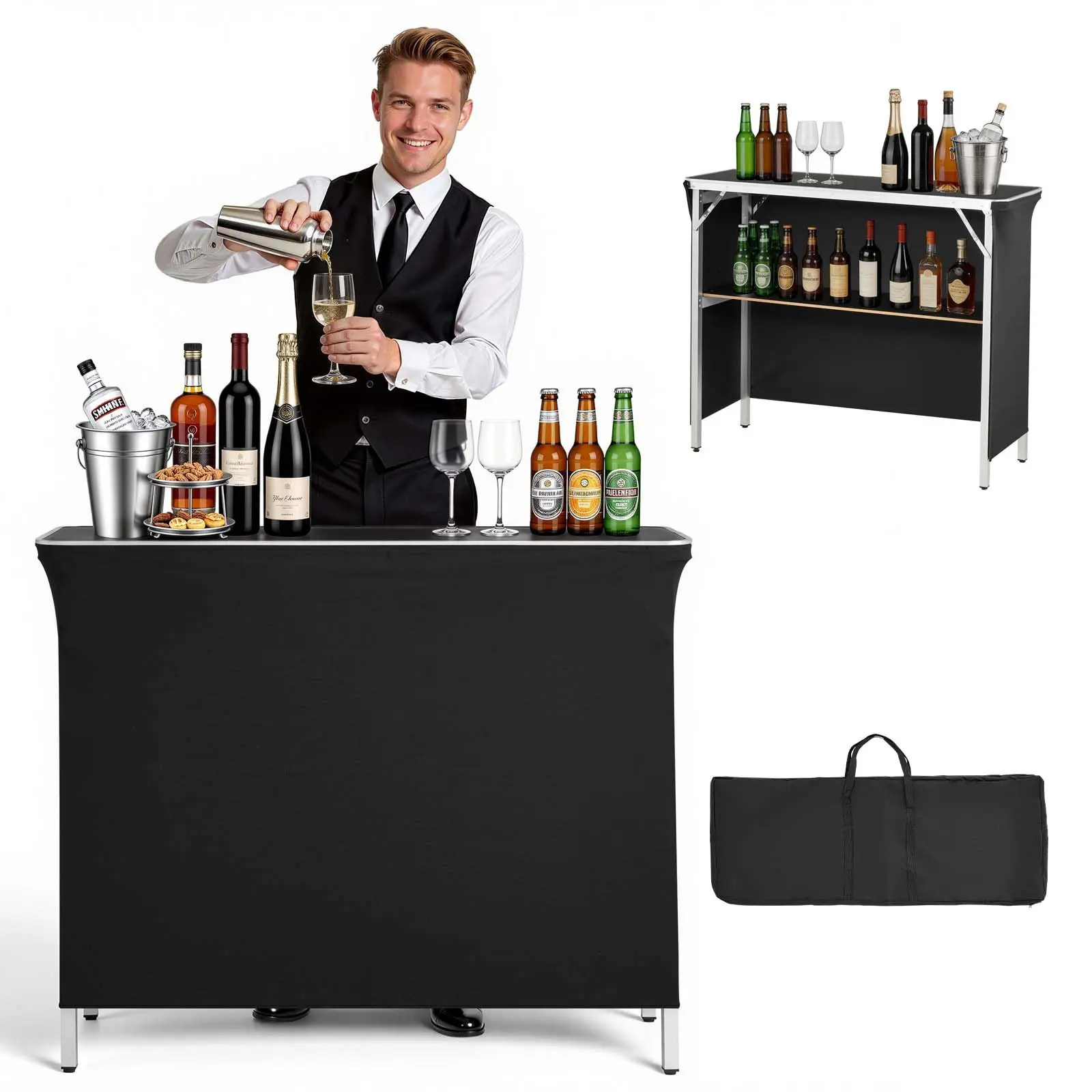 【toolupgrade】VEVOR Folding Portable Bar Table, 43.3x 15.2x 34.8 in, with Carry Bag, Storage Shelf, and Detachable Skirt, Quick and Easy Setup, Foldable Mobile Bartending Station for Events, Party, Tradeshow
