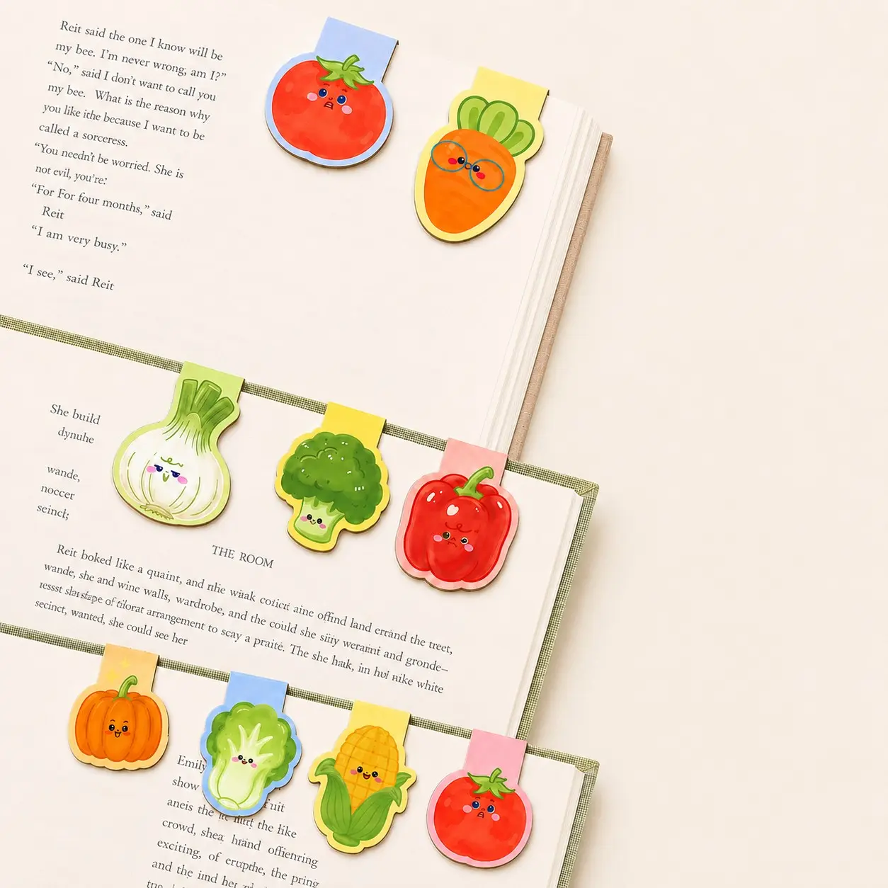 8-Piece Cute Vegetable Soft Magnet Bookmarks, Cartoon Magnetic Page Markers, Fun Vegetable Bookmark Clips for Reading, Books, Planners, Students, Teachers