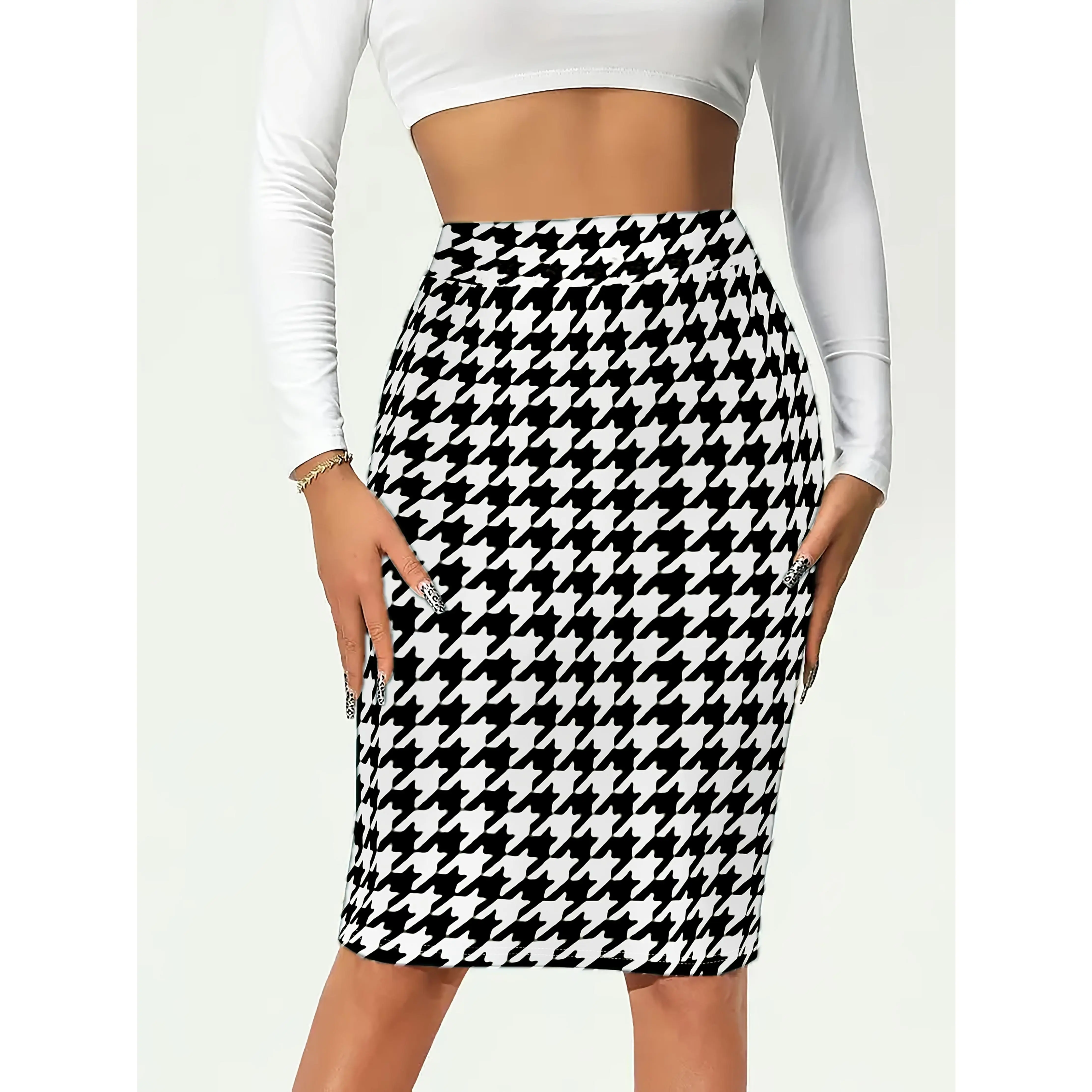 Elegant High-Waisted Houndstooth Pencil Skirt for Women, Perfect for The Office