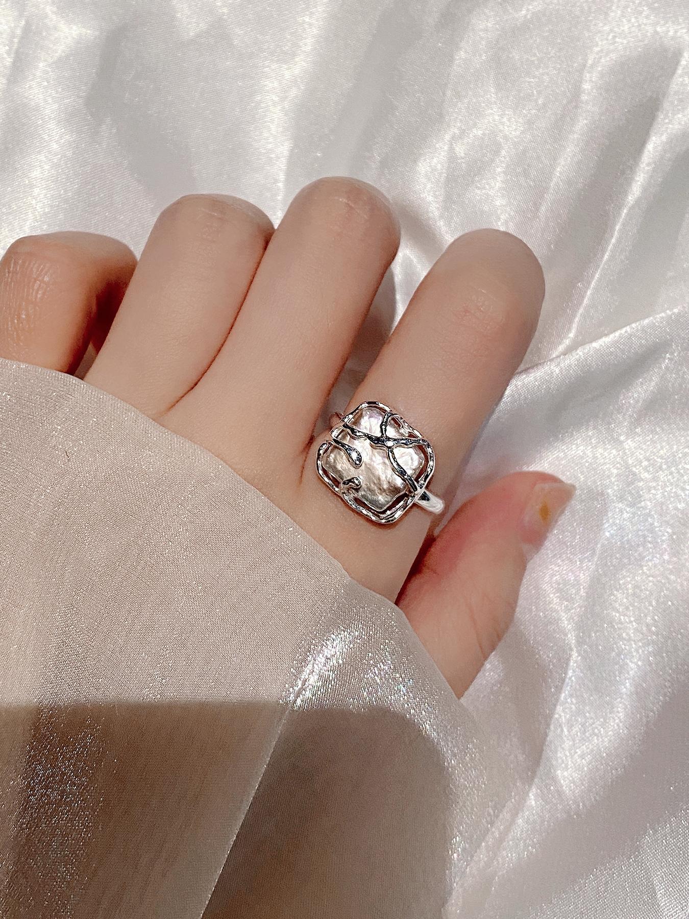 S925 Sterling Silver Fashion Vintage Square Shaped Baroque Pearls Ring, Elegant Everyday Ring, Elegant Jewelry for Women, Trendy All-match & Exquisite Jewelry for Birthday Gift, Vintage Rings Jewelry