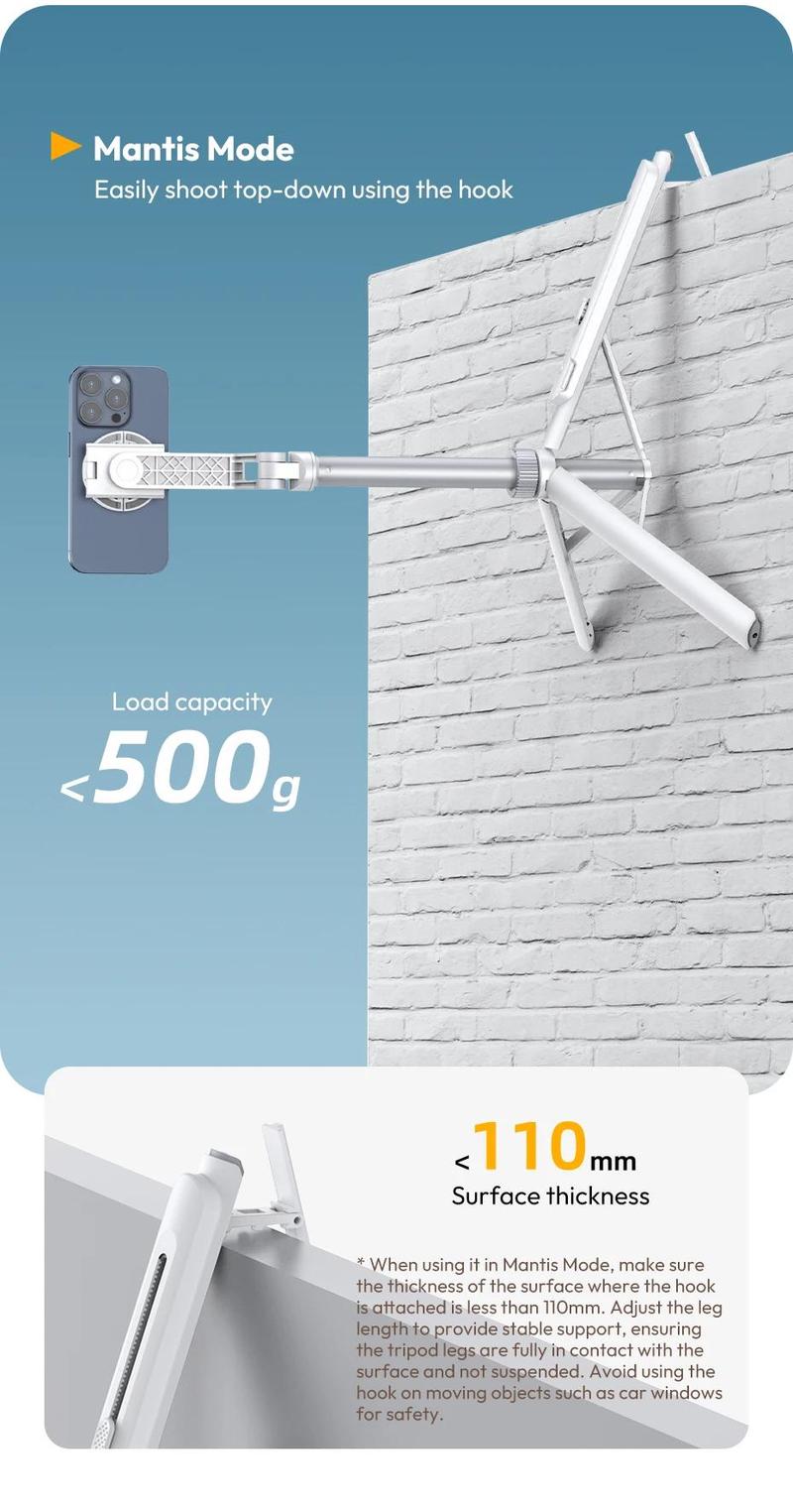 Ulanzi TT88 Overhead Selfie Stick 1.44M with MagSafe Clamp Photograph Tripod for Phone Livestreaming Vlog with Remote Control