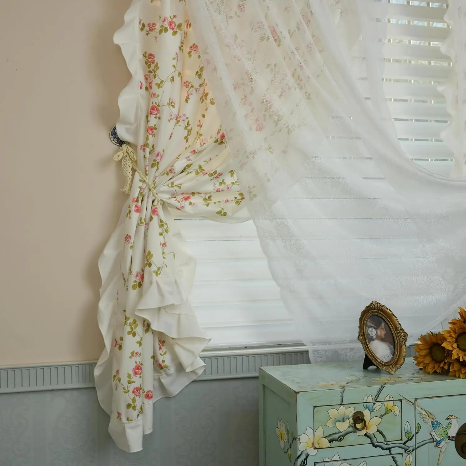 Double Layer Ruffle Curtains for Bedroom Girls Room Sheer Overlay with Tiebacks Cute    Country Pastoral Floral 2 Panels (61" W x 39" L (Pack of 2))