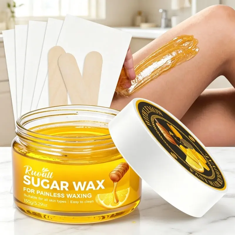 150g Natural Honey Lemon Sugar Wax Hair Removal Kit, Gentle & Painless Wax Cream with Wax Strips and Wooden Spatula, for At-Home Full Body Hair Removal on Arms, Legs and Bikini Area