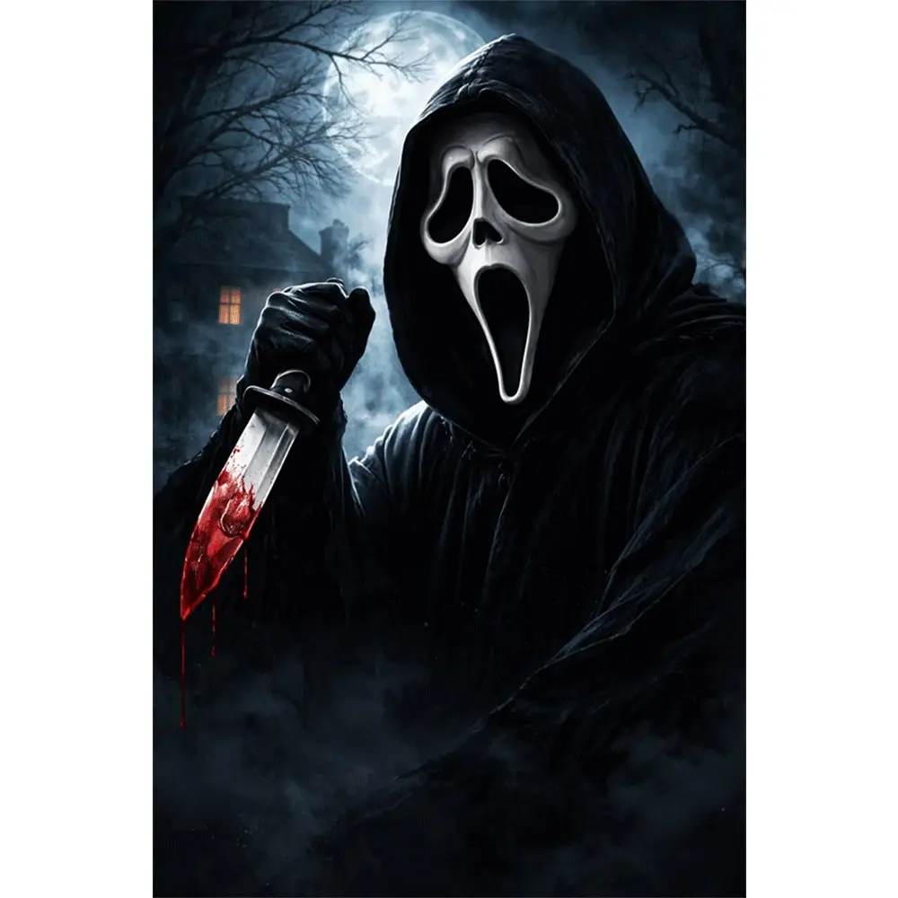 2d flat painting 5D DIY Diamond Painting Kit with Round Diamonds Horror Theme Scream Mask Design Including All Tools Full Drill Crystal Art for Home Wall Decor Halloween Decoration Handmade Craft Gift for Adults