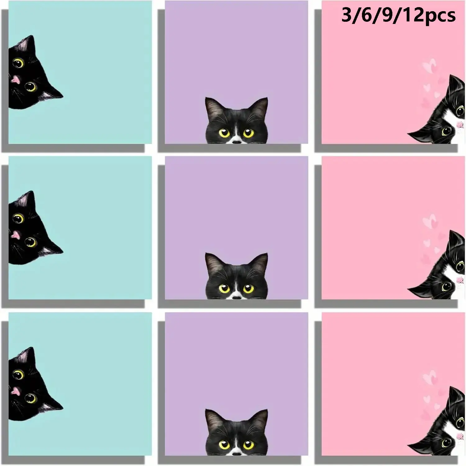 3/6/9/12 Pcs Cat Sticky Notes Set, Self-Adhesive Notepad, Cute Memo Reminder Cards, Self Adhesive Stickers, Perfect for Cat Lovers, Teachers, Office, Home Office, School